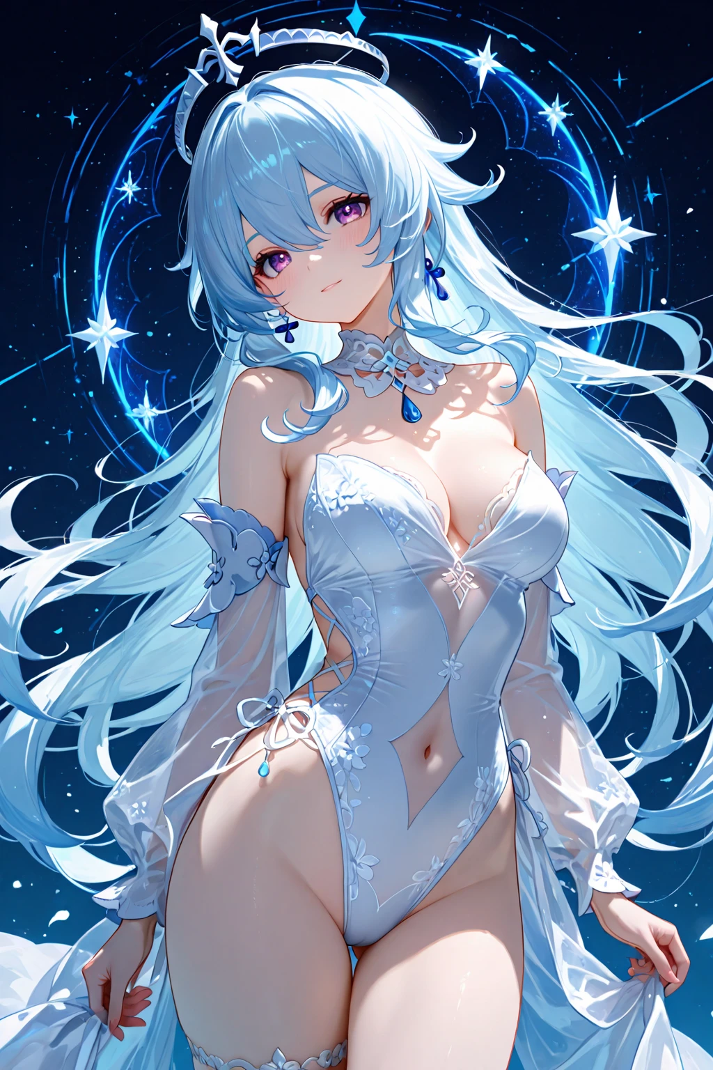 (MASTERPIECE), (Best Quality), (Super Detail), Official Art, One Girl, Lori with Pale Light Blue Hair, Petite Little Girl, Lori, Blue and Silver See-Through Dress, Sleeveless, Off Shoulder, Small, Very Small ???????, Small, Cleavage, Thigh Focus, Navel, ????????? in the Lower Half of the ?????, Card Illustration, Bed