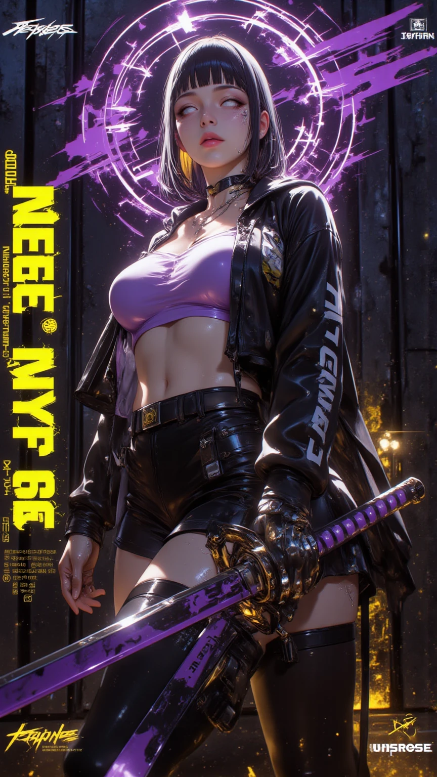 highest quality、surreal、perfect anatomy、crowded downtown area、Wet and shiny white skin、model body shape、micro bikini、Mechanical Fist、Sweat dripping all over the body、rainbow hair、Super small face、blush、Ahegao、Rainy evening、Natural lighting、Surrounded by spectators、Crowd、Photo session、Surrounded by cameras、Cleavage、Cyberpunk City、Neon lights、Cat ear、Japanese sword、Fishnet tights、