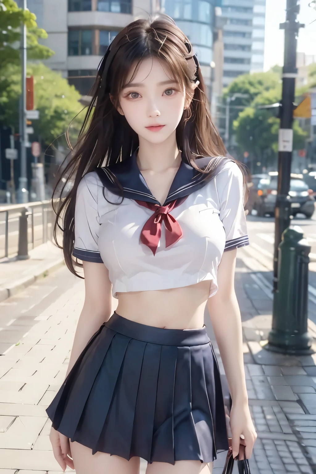 
( Super High Definition), (I'm looking over here), (school uniform:1.2, sailor suit, flared skirt), (Big Breasts:1.2), (Slimness:1.8), ( Read more:1.4), (thin thighs:1.4), ( thin hips:1.6), ( beautiful skin, shiny skin,  white skin), (Super slim face, Super beautiful face, makeup,  Smile :0.8), ( light brown hair,  semi-long,  layered cut ,  fluffy hair), ( big eyes:1.4, High corners of the eyes:1.6,  double eyelids), (Thin eyebrows:0.1), ( small nose:0.6), ( thin lips:0.6), downtown