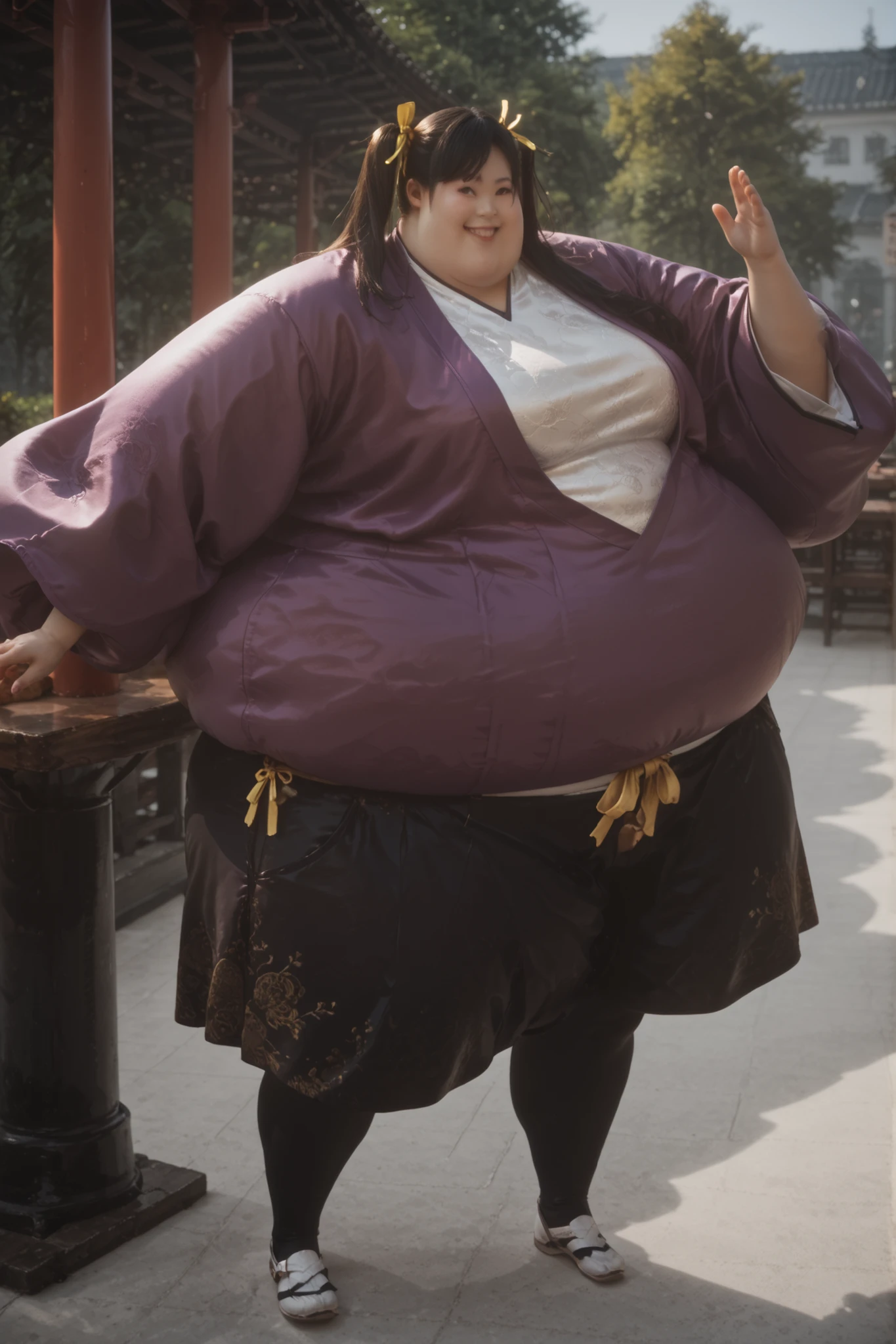 masterpiece, best quality, 1girl, solo, Ling Xiaoyu, long hair, black hair, twin tails, brown eyes, Asian, shirt, long sleeves, hair ornament, ribbon, hair ribbon, open clothes, shorts, open jacket, purple jacket, purple shorts, Chinese clothes, short dress, bike shorts, China dress, yellow ribbon, full body, WeightImmobile, hyper fat, hyper obese, smile, outdoors, restaurant, dynamic angle, action pose