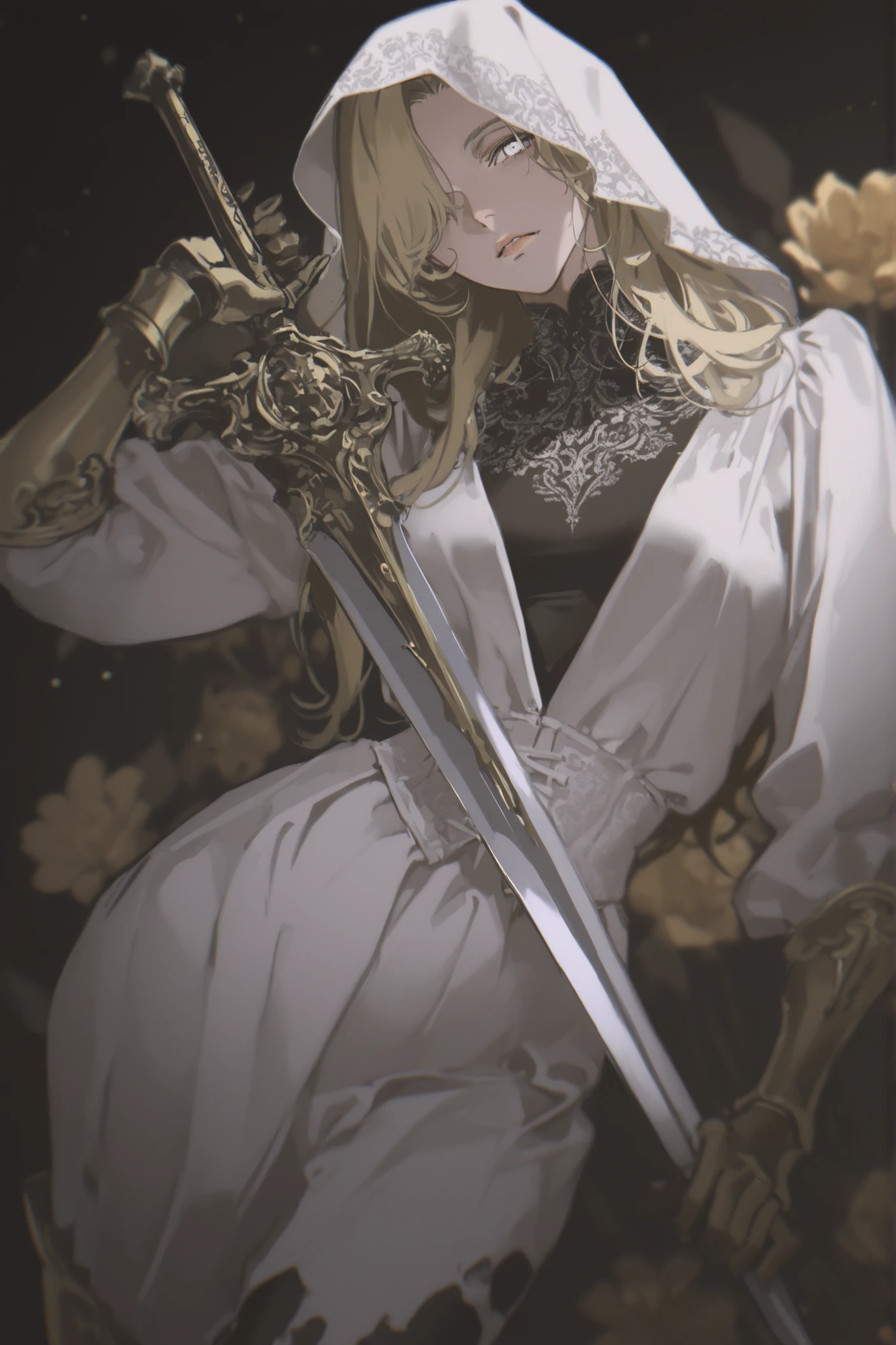  best quality, masterpiece, 1woman, blond, priestess, mature face, straight hair, neutral expression, long_hair, parted_bangs, parted hair, mature face, dark fantasy, pattern undershirt, dynamic angle, beautiful detailed face, white flowers, white eyes, hair over one eye, sword, holding sword, sword to the side, tentacles, starry background, hood, golden greaves, golden gauntlets, {dynamic pose, victorian, mature, gold flower pattern , mature face, long hair, splash art}, (mature face), 1girl, cowboy_shot, blurry, anime_style,blurry_background, yoneyama mai, torn clothes, white skirt, bright white eyes, white robe, sharp eyes, edgy fashion, black high-neck bodysuit, victorian style, bold look, fashionable, solo, looking at viewer, blurry, chromatic aberration, pattern_leggings, portrait, rich color, beautiful light, perfect contrast, realistic facial features, detailed features, defined features, detailed hair, semi-realistic style, attractive features, dark colors, dark lighting, painted style, detailed style, black outline, perfect detail, pale skin, dull colors, anime style, semi-realistic, cute, clear background, lifeless colors, dirty filterdark, rough sketch lineart, loose lineart, watercolor coloring, masterpiece, ultra detailed, 4k, 8k, ultra hd, best