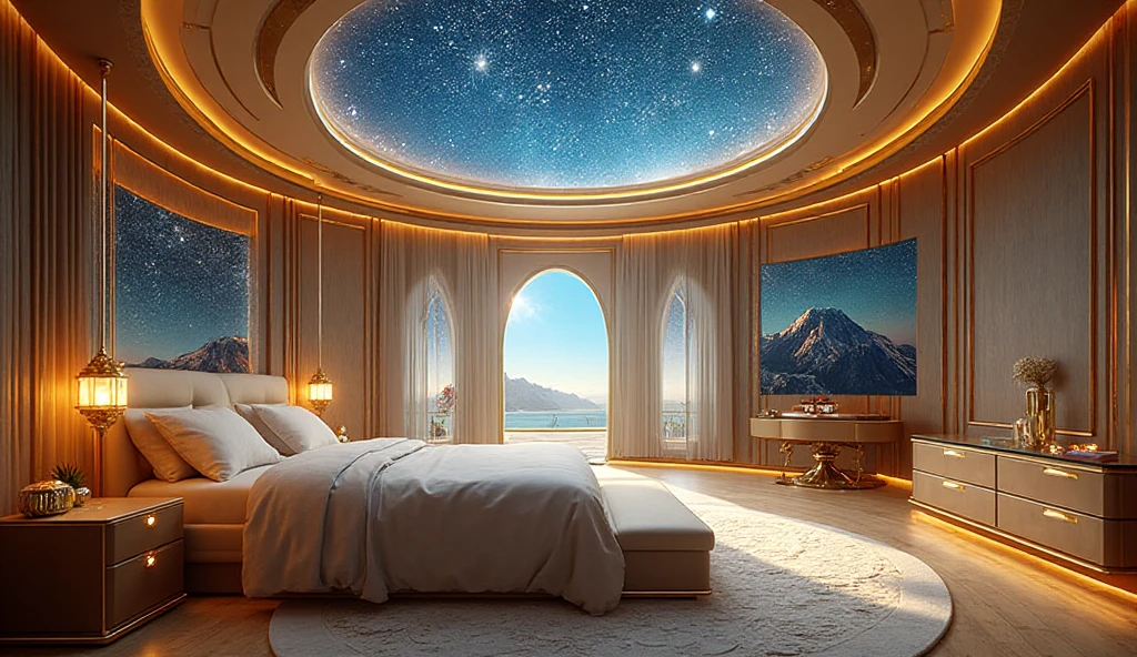 Rotating panoramic bedroom with glass dome roof showing stars - SeaArt AI