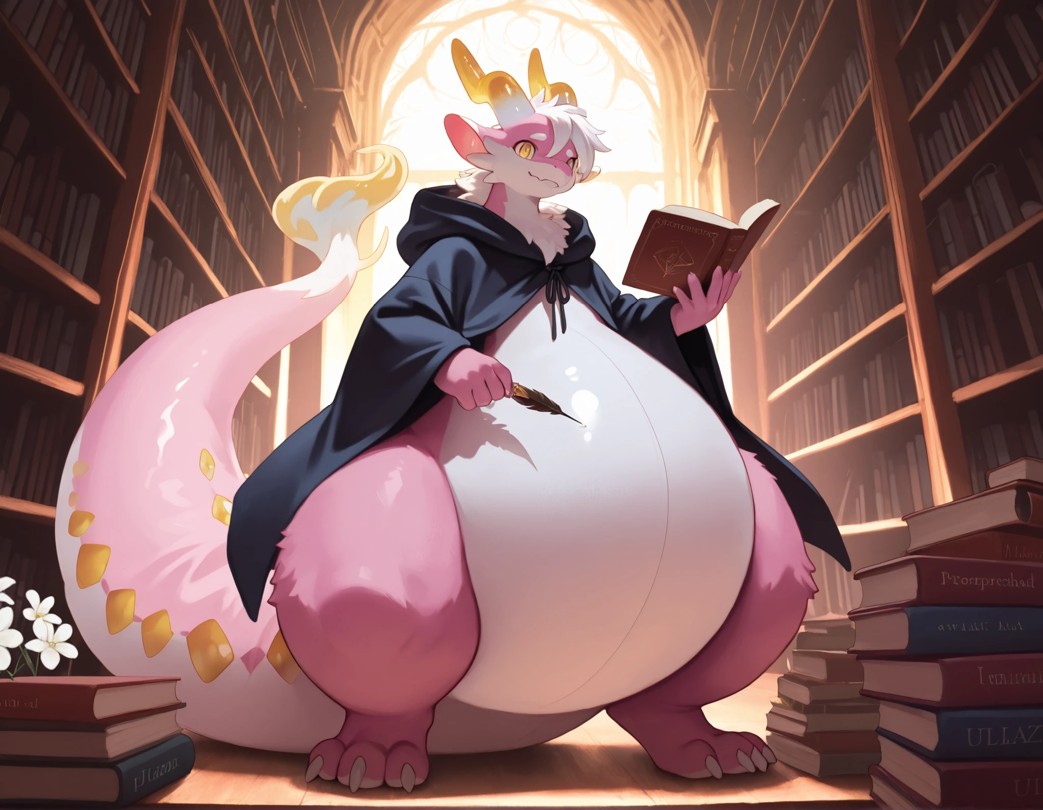 full body, furry, dragon, wide bottom, heavy bottom, wided legs, long digitigrade leg, giant pearshape body, no nipple,detailed face, pink fur,4k ultfigurelity, (4k half body view:1.0),ultra high detailed body,feral dragon,(cute face:1.3),pink fur,golden eyes,white belly fur,white hair,long hair,enormous body,side front view,long ears),(big ears),(big horns),(dropping ears),long tail,thick tail,big tail,(cloak),(smaller head),(enomorous body),hyper tail,white flower,holding book and feather pen,many books,in a library,(gigantic body)