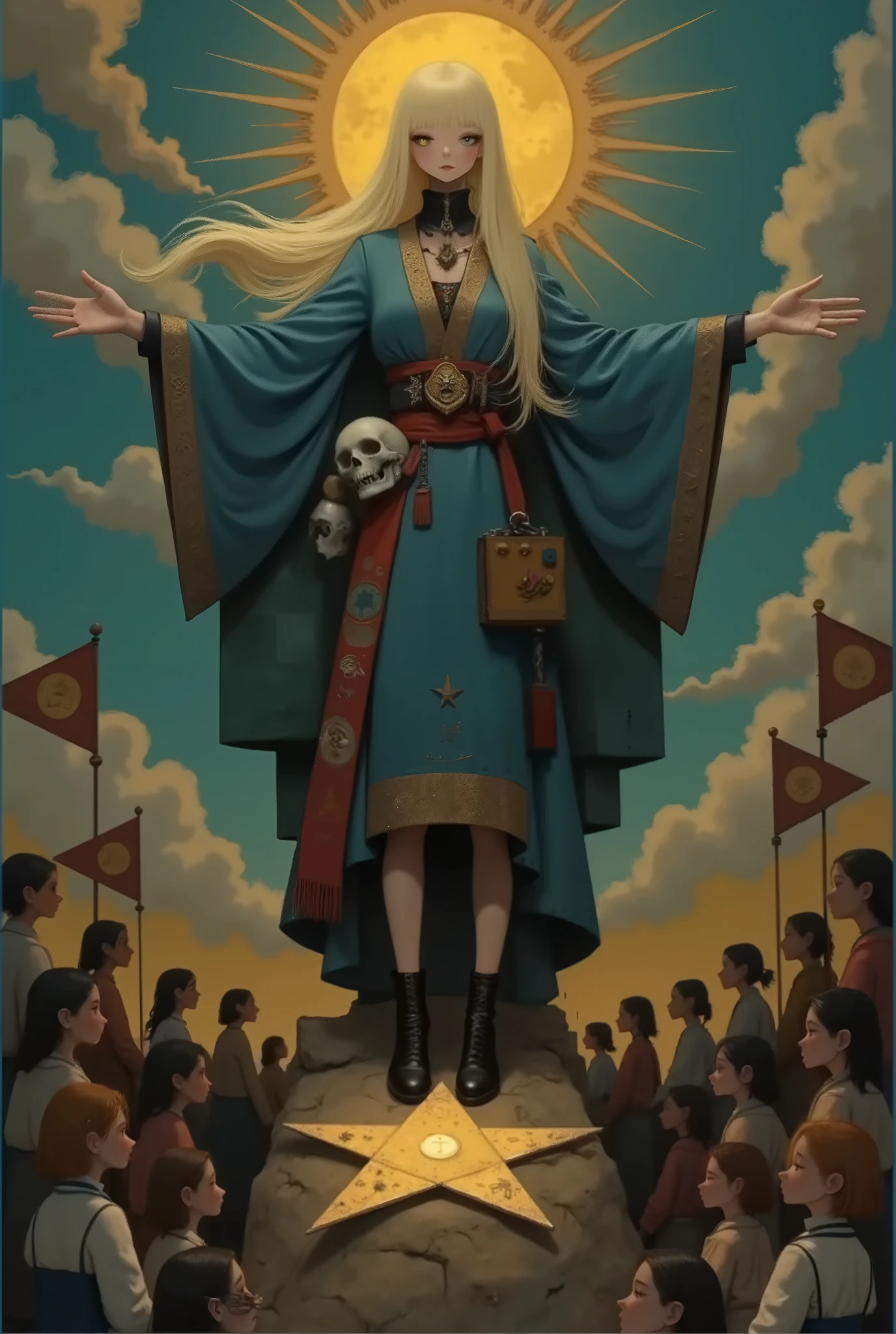 On top of a towering spire under twin suns, a blonde woman (18+) stands with arms outstretched, tall and skinny, her braided hair fanning out like a halo. Below, a ring of worshippers in mechanized hoods circle a glowing ten-pointed star planted in the rock, they are holding pikes with triangular shaped flags featuring the ten-pointed star in red and gold. Her outfit merges a virgin-Mary inspired mantle in cerulean with samurai kimono folds and circuits and cables are mixed with her clothes in chrome, silver and golden, Her kimono is open and we can see her beautiful legs, tiny waist with several skulls from different species of animals are hanging from her belt. The sky is split gold and emerald. Full-body view, dramatic wind, symbolic scene, vibrant contrast.
The air is enveloped in a warm, hazy amber light, casting soft, cinematic shadows. Magical realism meets stylized realism. A style that fuses Pixar with anime, steampunk surrealism, cosmic symmetry, light fog, and hidden elegance.