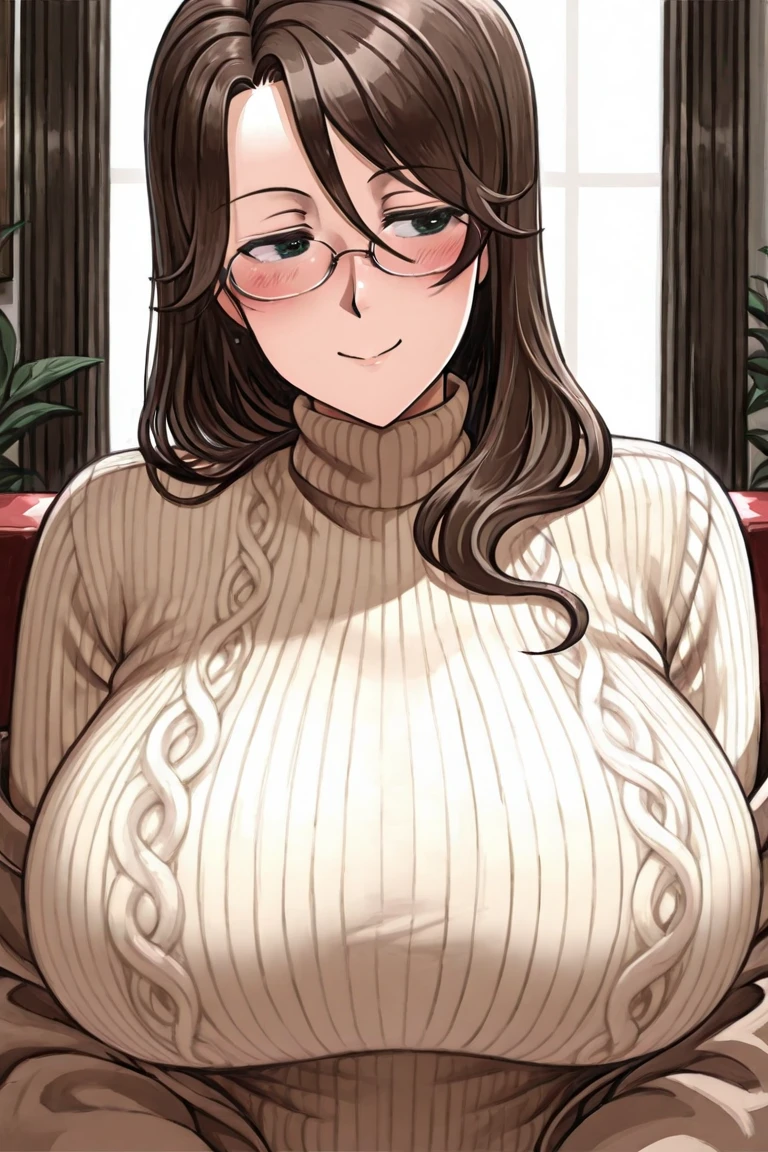 akitainuzuka,long hair, brownhair, black eyes,glasses,earrings,turtle neck sweater,cleavage,calm smile,mature woman, milf,living room