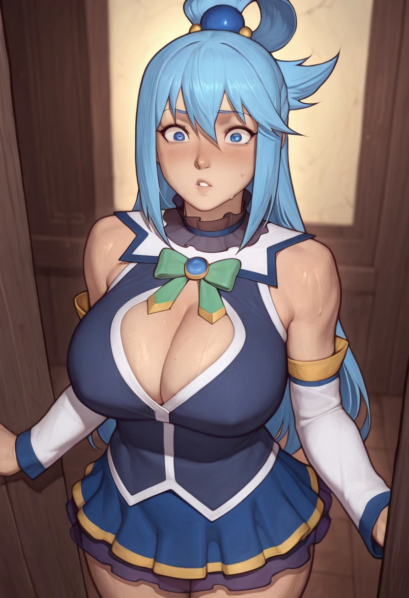 Calidad superior, obra maestra, 1 chica, Hermoso rostro, ruborizada, pelo azul( deep v dress de color ?????, detached sleeves), (imagen fotorrealista:1.3), edge lighting, (piel con alto detalle:1.2), 8k UHD, digital slr camera, alta calidad, high resolution, 4k, 8k, absurdo), curvy body, small face, linda chica, gigantic ??????, los ??????? se marcan en el vestido, piernas anchas, ( standing, amrs up), ( en un prado).