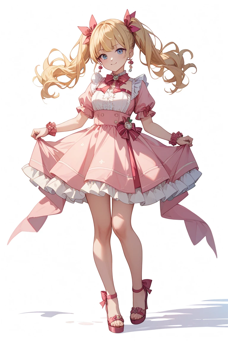 masutepiece, Best Quality, 1womanl, Beige hair:1.5、Wavy long hair、side swept bangs、独奏、Wearing a pink camisole dress、{{one tone background、 Background:1.8}}、full body Esbian、 with a bewitching smile