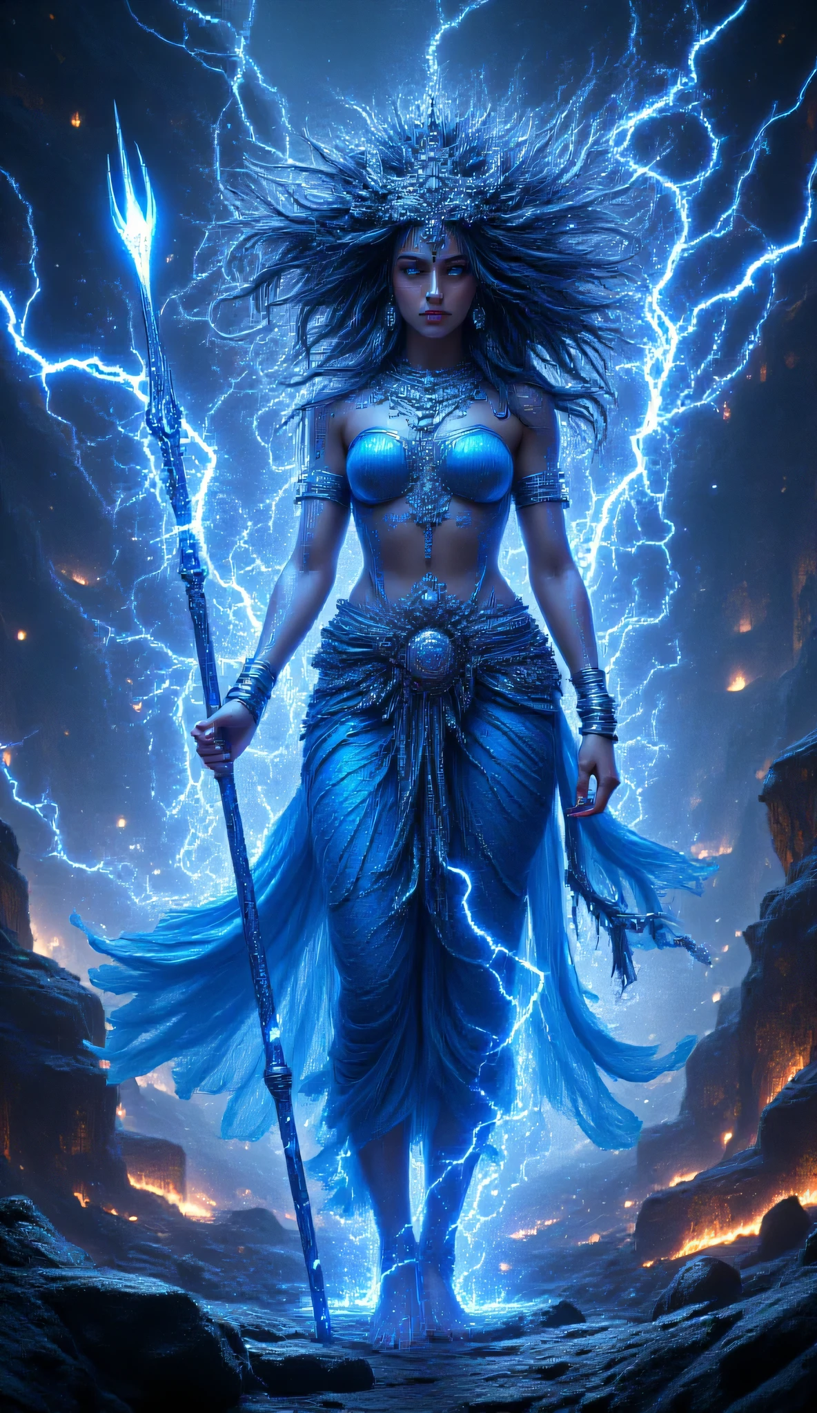 a drawing of a woman with flying hairs on lightning electricity coil, concept character art, blue divine dhoti, bangles, hefty anklets, armlets, goddess, power auras, uncompressed avatar image, official render, Hindu mythology, wielding a straight long trishul-trident, apocalyptic dramatic bg, glinting crackling lightning veins coiling her body three-dimensionally