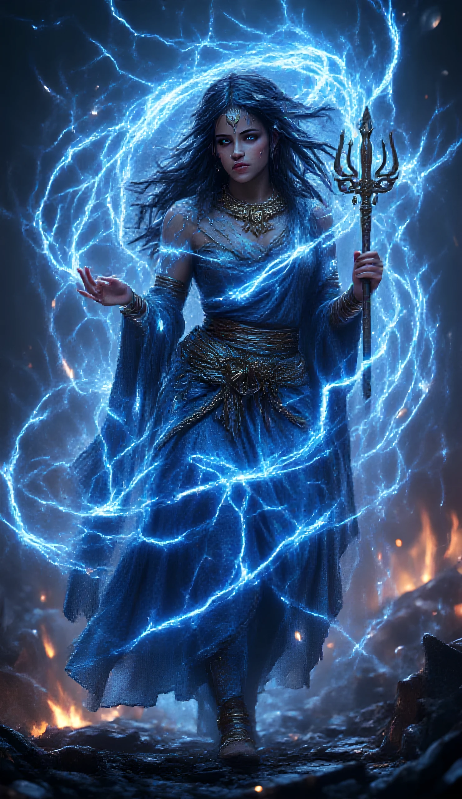 A woman with flying hairs on lightning electricity coil, concept character art, blue divine dhoti, bangles, hefty anklets, armlets, goddess, power auras, uncompressed avatar image, official render, Hindu mythology, wielding a straight long trishul-trident, apocalyptic dramatic bg, glinting crackling lightning veins coiling her body three-dimensionally