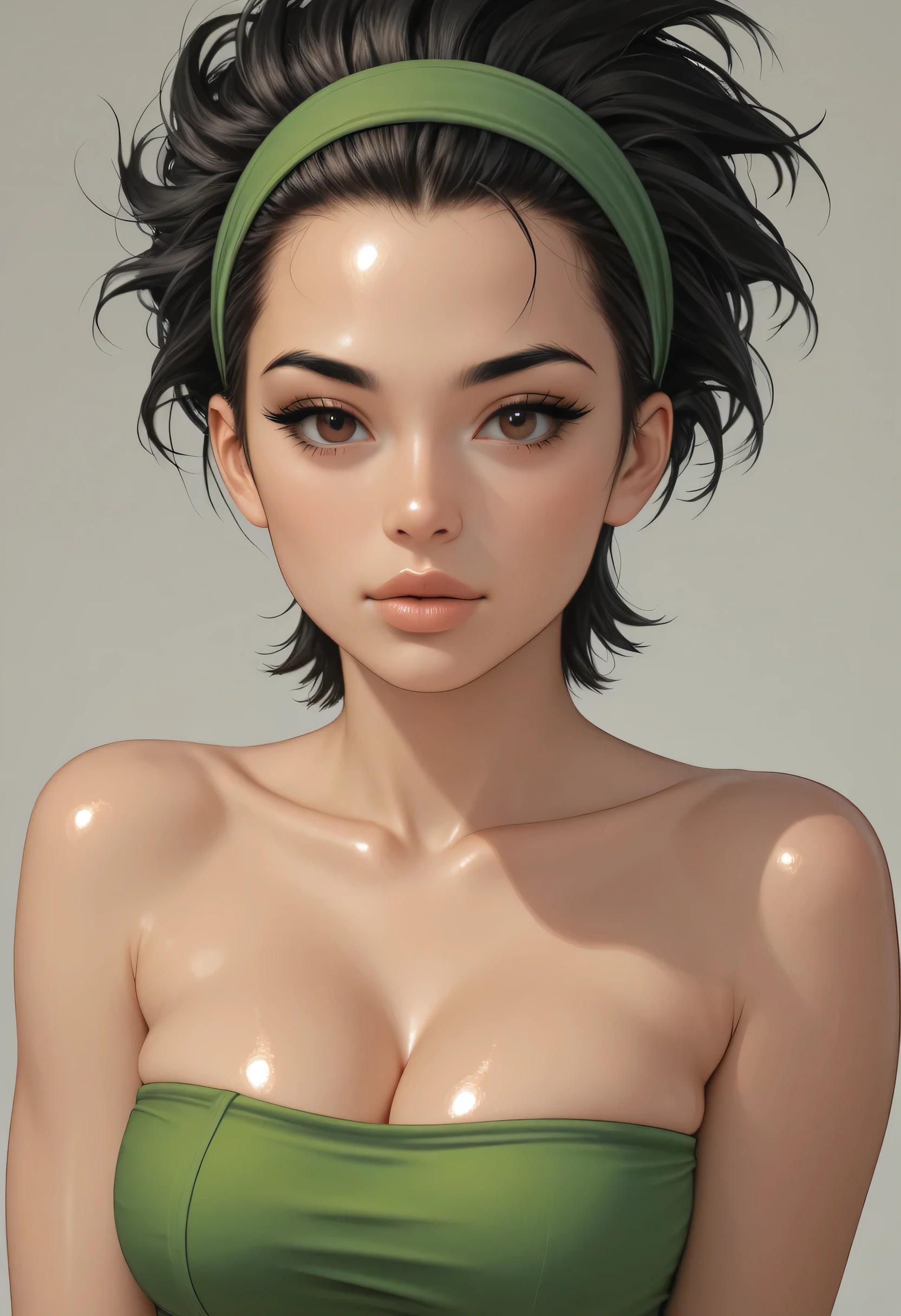 perfect face, black hair, short hair, slicked back hair, (green headband, forehead), black thin eyebrows, dark brown eyes, black eyelashes, nose, normal lips, lips, thick lips, collarbone, cleavage, (green tube top), medium breasts, (looking at viewer), (shiny skin), (glossy skin)