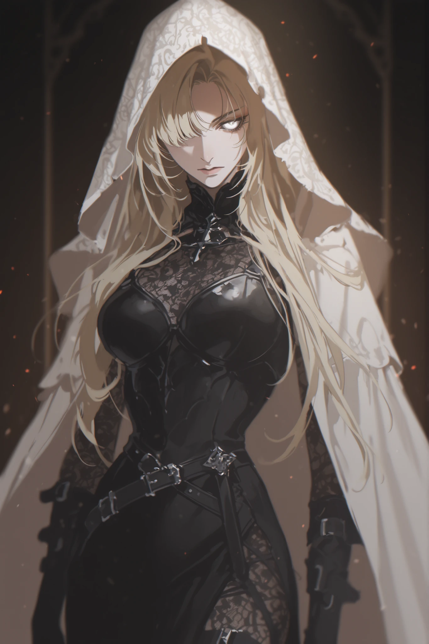  best quality, masterpiece, 1girl, blond, light hair, long_hair, straight_hair, neutral expression, priestess, mature face, dark fantasy, {black and gold splash art}, belts, leg belt, arm belt, path to nowhere, pattern undershirt, black undershirt, black_skirt, white hood, white cloak, embers, fire, cosmic horror, starry background, sunlight, saint, goddess, armor, breastplate, round eyes, lingerie pattern), 1girl, medium_shot, long_hair, blurry, black_shirt, tight dress, eyeliner, anime_style, gothic, black gloves, white robes, goth, dark background,  serious expression, one-piece black bodysuit, black bodysuit, black pattern_leggings, blurry_background, 1girl, yoneyama mai, pale, parted_bangs, cut_bangs, hair over one eye, white eyes, edgy fashion, victorian style, bold look, fashionable, solo, blurry, chromatic aberration, portrait, rich color, beautiful light, perfect contrast, realistic facial features, detailed features, defined features, detailed hair, semi-realistic style, attractive features, dark colors, dark lighting, painted style, detailed style, black outline, perfect detail, pale skin, dull colors, anime style, semi-realistic, cute, boy, clear background, lifeless colors, dirty filter, dark, rough sketch lineart, loose lineart, watercolor coloring, masterpiece, ultra detailed, 4k, 8k, ultra hd, best