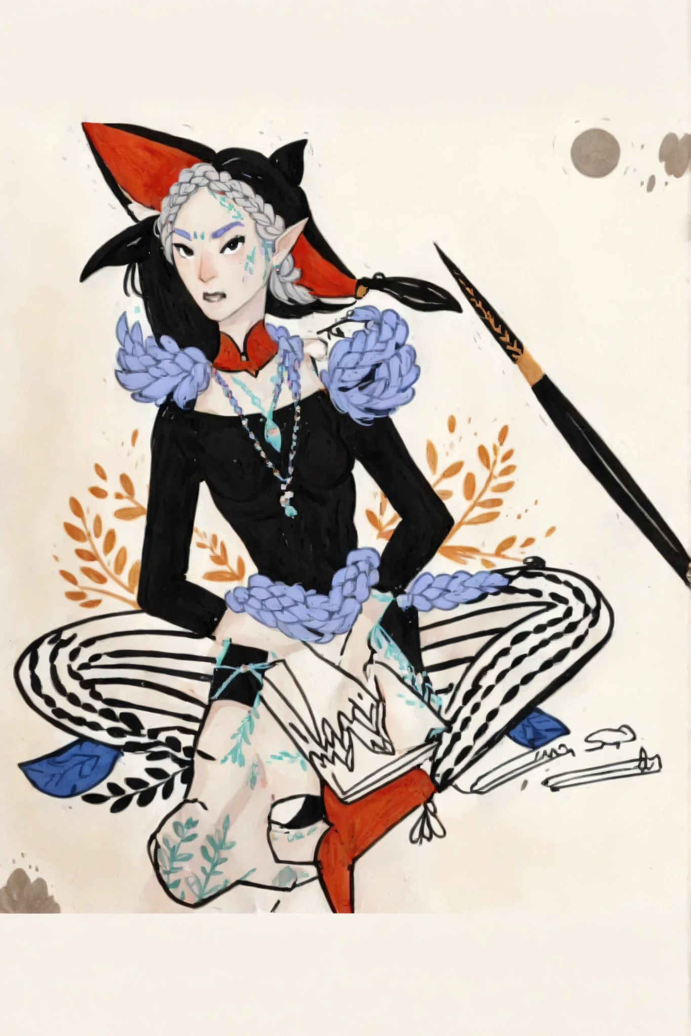 2D ART, hyper detailed gouache painting, illustration, gougoupaintleaves style, portrait of a man, 1boy, solo, long_hair, braided brown hair, high_ponytail_hairstyle, male_drow:1.5, dark elf, black eyes, black_sclera, detailed face, handsome features, dark medieval tunic, pointy ears, standing in a dark forest, pov from_below, frontal full body shot, on simple white background, full body shot, very detailed, ren's picture books, dumner