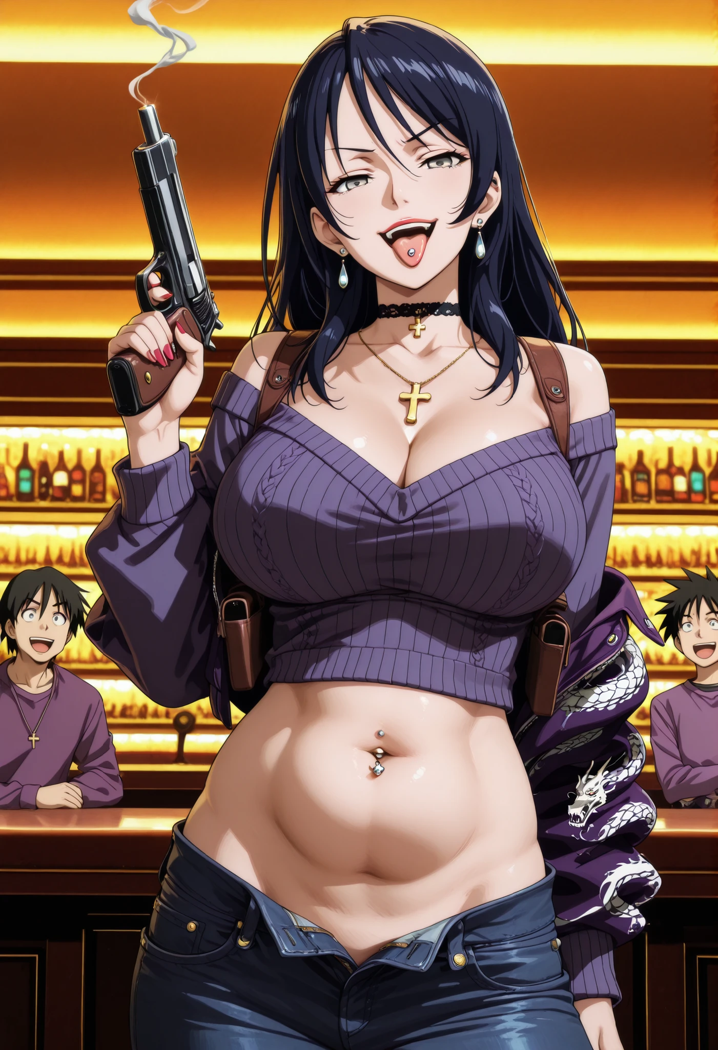 masterpiece, best quality, amazing quality,,  yuri kotobiki, long hair, black hair, grey eyes, mature female, , anime screencap, off shoulder, sweater, purple sweater, skirt, white skirt,,  nail polish, ear piercing, long hair, , lipstick,Hot girl, baddie, smoking, sensual, attractive cross necklace, choker , jewelry, earrings, bar background, inside bar ,indoors, , casino, pull_down jeans(show off panties,:1.2, no panties),masterpiece,high
quality,4k,belly,,holding pistol,cleavage,
smile, open mouth, (nsfw) not safe for work, evil expression,belly, exposed navel, exposed
midriff, exposed lower belly,dragon print jacket, unbuttoned jeans , low rise black jeans,
Low rise jeans with open fly, motorcycle jacket, sweater with center opening,
shoulder holster,,  navel piercing, tongue piercing , tongue out, open mouth , medium large breast ,looking at viewer , dragon tattoo on waist, narrowed eyes, tattoo on waist, anipai_style , anime screencap , anime coloring, v-shape eyebrows,