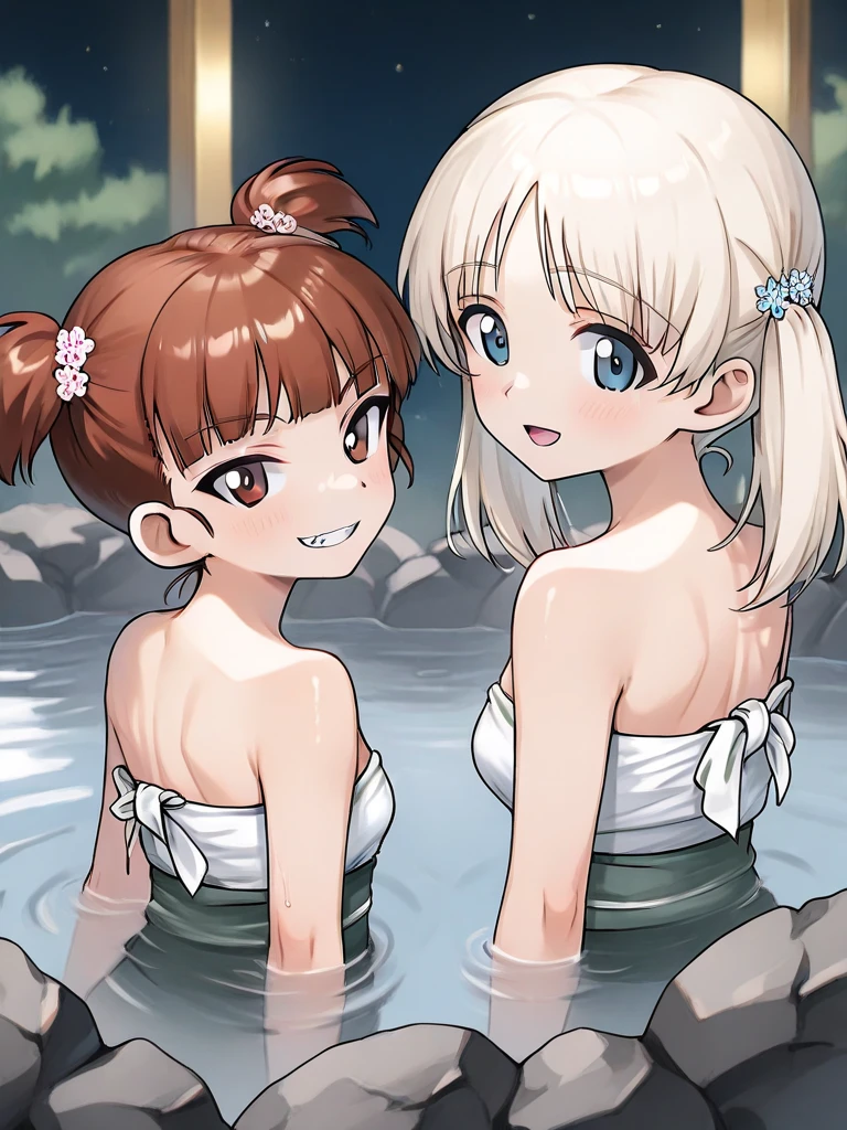 [high quality, best quality], [cinematic], 2girls, shijou raimu, shijou yuzuki,  towel, sitting, looking at viewer, smile, blush, onsen, steam, [bloom, hdr] <lora:shijou_sisters:0.72>