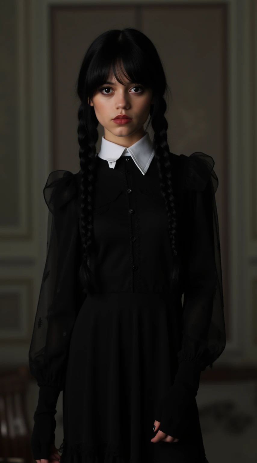 Dark,look close corner face camera , hold big cat,a woman sofia Steinberg face, medium hair with bangs, pale white skinned ,wearing Black shirt blackmetal, pose sit in Wooden chairs, room blackmetal, look above camera , in room blackmetal style steinberg model blackmetal , sad depression funiture skulls swords, flowers black Roses ,poster ,stickerband, mortuary ,blackmetal background, digital painting, highly detailed, 3D animation, black roses, 