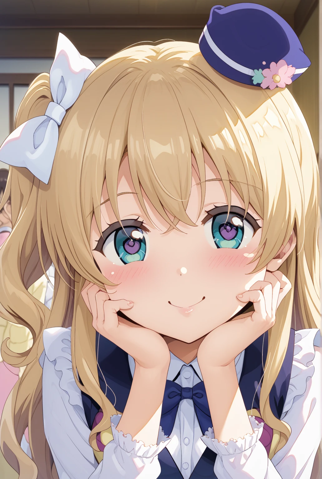 best quality, masterpiece, highres, solo, {noire_foschurose_kumakumakumabear:1.15}, blonde_hair, long_hair, braid, bow, hair_bow, bangs, twin_braids, purple_eyes, smile, blush, open_mouth, 1girl, parody, dress, hairband