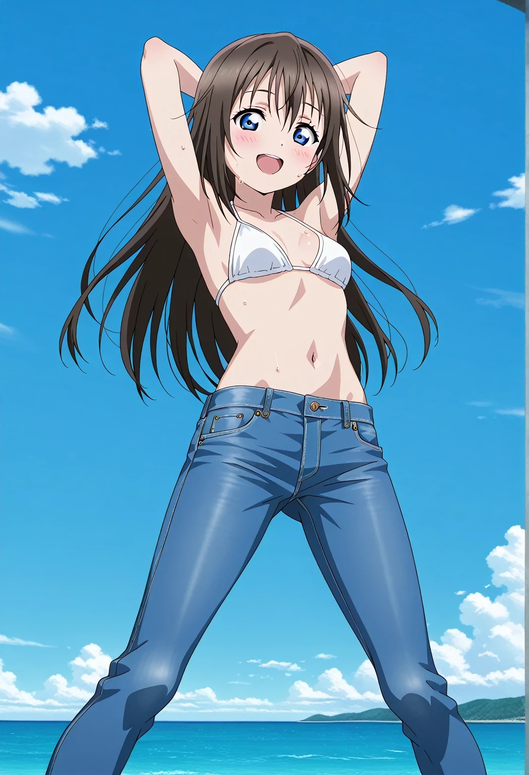 score_9, score_8_up, score_7_up, source_anime, highres, hi res, ((best quality, top quality, perfect quality, Highest Quality, amazing quality)), {{masterpiece}}, {{an extremely delicate and beautiful}}, 2d, intricate details, official style, anime, 8k, anime style, official_anime, official art, digital painting, cell shading, soft shading, high resolution, soothing tones, Subdued Color, Soft cinematic light, adobe lightroom, photolab, HDR, intricately and hyper-detailed, ((high quality animation)), 1 girl, Alone, solo, ((ocean)), tsunami, on the water, day, sunny, outdoors, sky, windy, shizuku ousaka, Love Live! Nijigasaki High School Idol Club, long hair, bangs, blue eyes, brown hair, hair between eyes, anime coloring, anime screencap, small breasts, white bikini top, best quality, hyper-detailed jeans, ((blue jeans:1.9)), (dark blue jeans:0.6), full medium body, medium shot, Open mouth, smiling, happy face, blush, sweat, standing, hyper-detailed arms, ((arms behind head:6.0)), ((perfect arm line:2.5)), balance arm, raise forearm slightly, bowlegged, natural standing pose, action, looking at viewer, spread legs, Bend knees slightly, from below