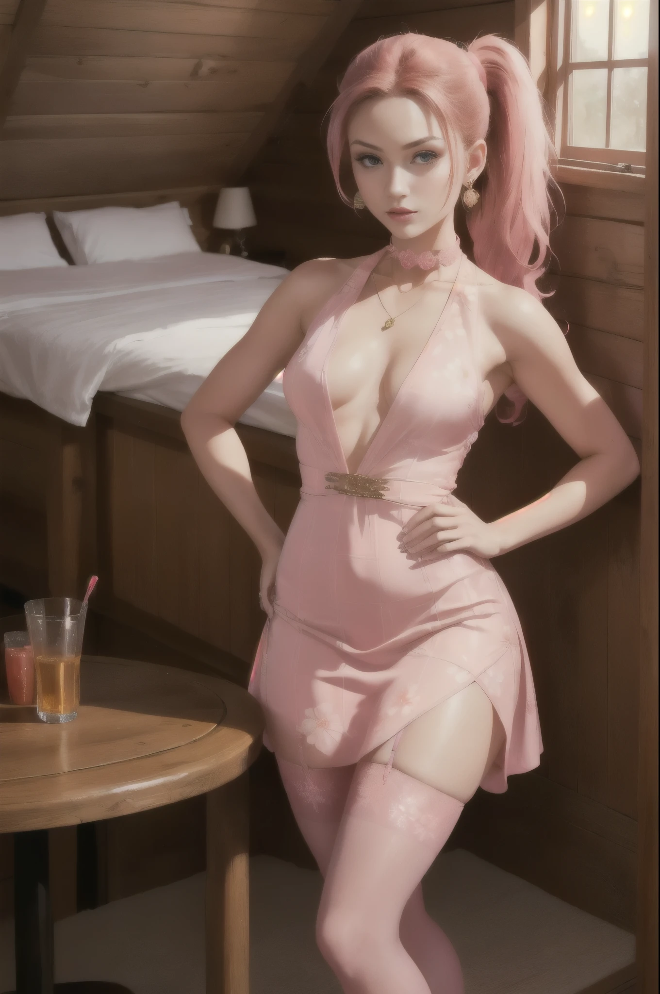 ((RAW Photo), Absurdities, (Absurd Resolution)), (Maximum Quality, 16k, Masterpiece, Ultra Detailed, Hyperrealism), Vintage, ((Beautiful girl, 21 years old, pin-up), ((Perfect figure, slender, well-formed body, hands on hips)), (straight red hair, bright highlights, ponytail), (made-up, floral choker), legs crossed with stockings, sitting at a table, ((patterned dress, mermelami pink, small chest)), jewelry, earrings, (background: cabin room), midday, volumetric lighting, (Photographic Perspective). «SunPuma S»