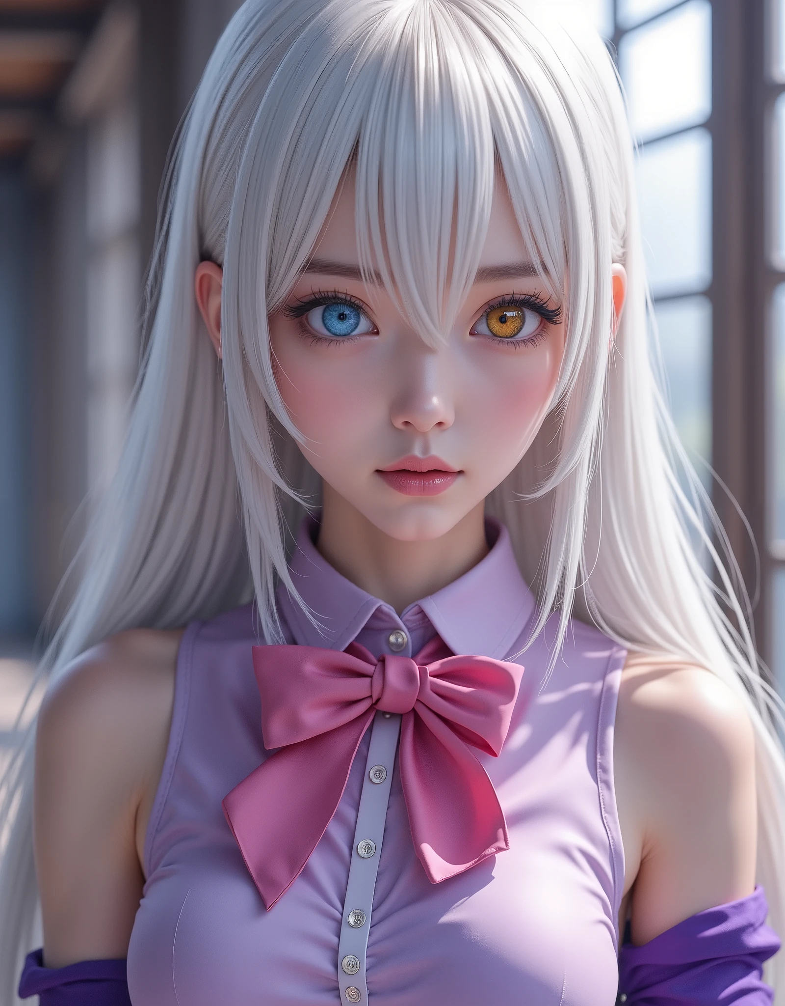 full-body portrait (hyperrealistic) by Elizabeth Liones Nanatsu no Taizai,white hair,ultra-detailed eyes with ((heterochromia)) yellow gold and blue,emphasized bust,su atuendo es una camisa sin mangas ajustada de color morado dark con botones en color blanco,wears aa (pink bow tie),(perfect anatomy),He wears his ((bare shoulders)),su mano izquierda wears aa (tight purple sleeve) dark,that contrasts with her (naked right hand),she wears an asymmetric white miniskirt, revealing their legs, which are accented with a single black thigh-high stocking on his right leg,that contrast sharply with his bare left leg,wears a (white shoe) on his right foot and one (color black) on his left foot,(RAW photo),(photorealistic),(hyperrealistic),(Masterpiece),(high quality),(definition 8k ),(ultra detailed),(resolución absoluta),(exquisite details),(hdr), estilo hyperrealistic,iridescent effects,background with heavenly atmosphere,cinematographic lighting,dynamic contrast of light and shadow