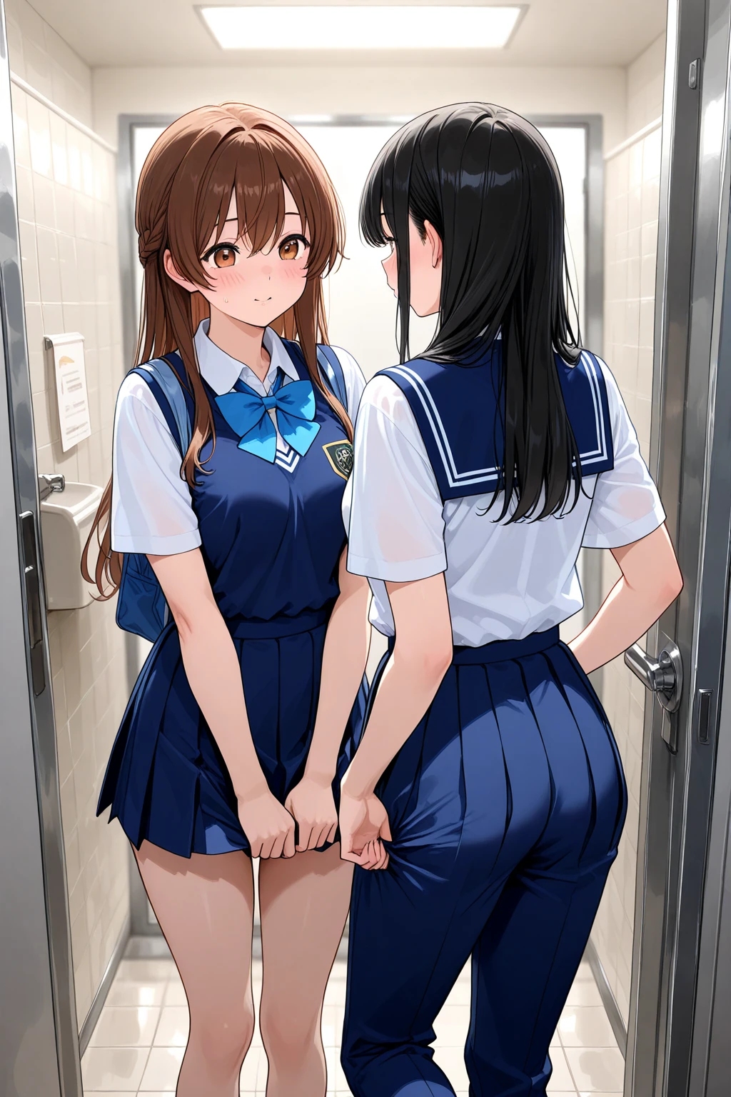 ((best quality)), ((masterpiece)), ((detailed)), (((perfect face))), (((small bust))), (((slender 18yo teenage girl))), (((dark blue suit jacket))), ((dark blue pleated skirt from waist to thighs))), ((dark brown hair)), ((short ponytail)), (((blue eyes))), ((blushing:1.5)), (((looking at viewer))), (((((white shirt))))), (((standing))) (((interior corridor, doors, lockers, windows))), (((surprised:1.5))), (((wide open mouth))), (((shy arms)))