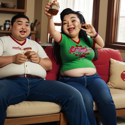 A friendly obese man and woman couple, belly and ????? touching, Women are fatter than men, abdominal exposure, photorealistic, 8K