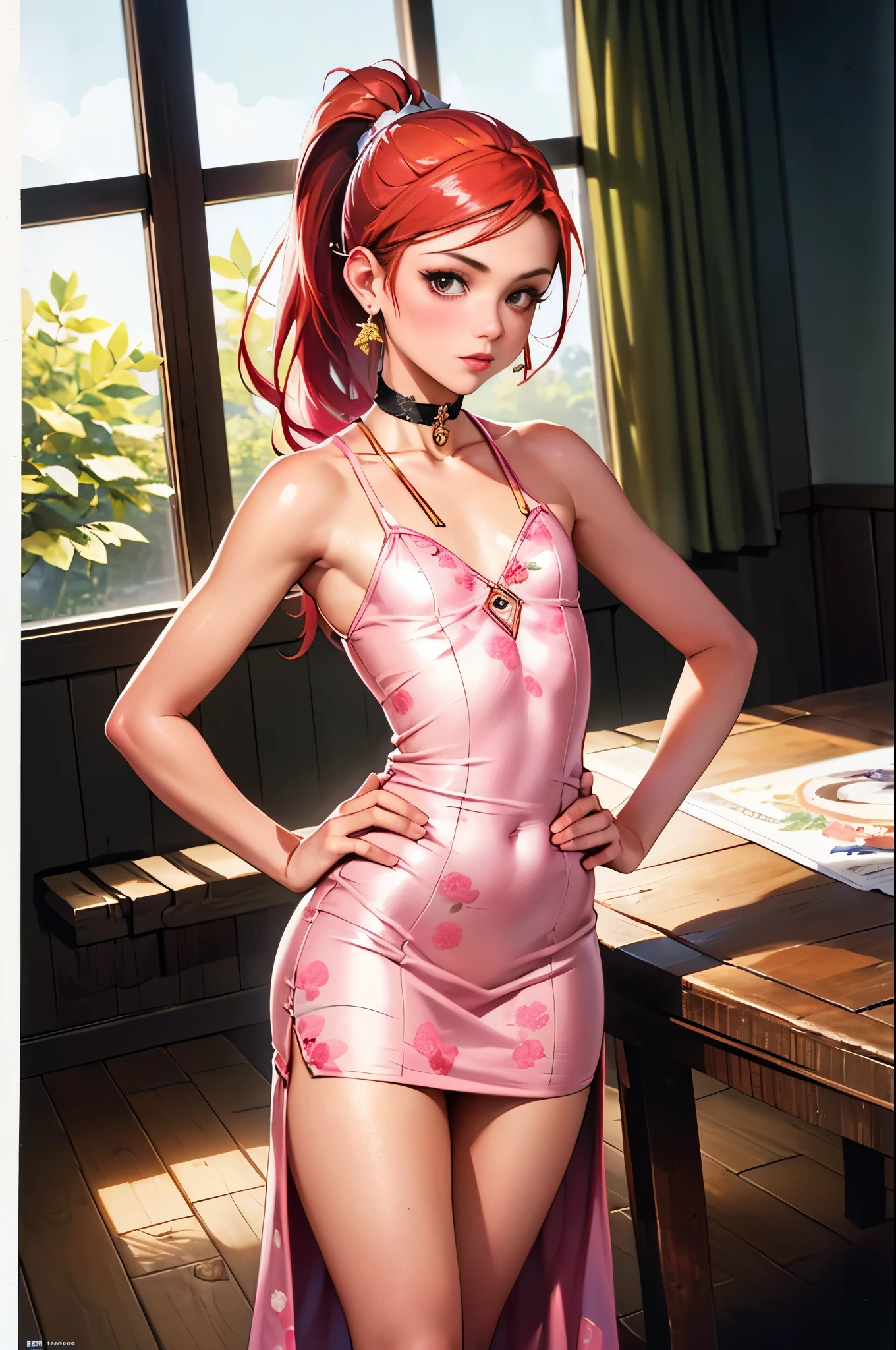 ((RAW Photo), Absurdities, (Absurd Resolution)), (Maximum Quality, 16k, Masterpiece, Ultra Detailed, Hyperrealism), Vintage, ((Beautiful girl, 21 years old, pin-up), ((Perfect figure, slender, well-formed body, hands on hips)), (straight red hair, bright highlights, ponytail), (made-up, floral choker), legs crossed with stockings, sitting at a table, ((patterned dress, mermelami pink, small chest)), jewelry, earrings, (background: cabin room), midday, volumetric lighting, (Photographic Perspective). «SunPuma S»