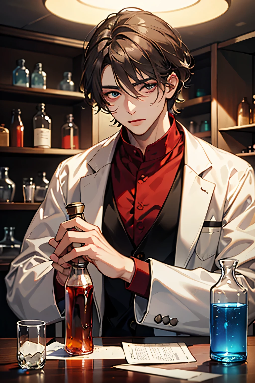 masterpiece high resolution excellent ultra realistic ultra photographic quality ultra detailed ultra photographic ultra photographic ultra photographic ultra photographic ultra graphic lighting gray green gray photographic lighting , a very detailed laboratory, Male gender; almond brown hair wavy short hair , eyes very detailed eyes , lab coat covers his body , traje elegante, behind the man a shelf with laboratory bottles full of bone marrow liquid , red liquid , bottles with fabrics , bottles with eyeballs , the man is cleaning his laboratory iron, perfect face very detailed face, well-defined eyes, Alone