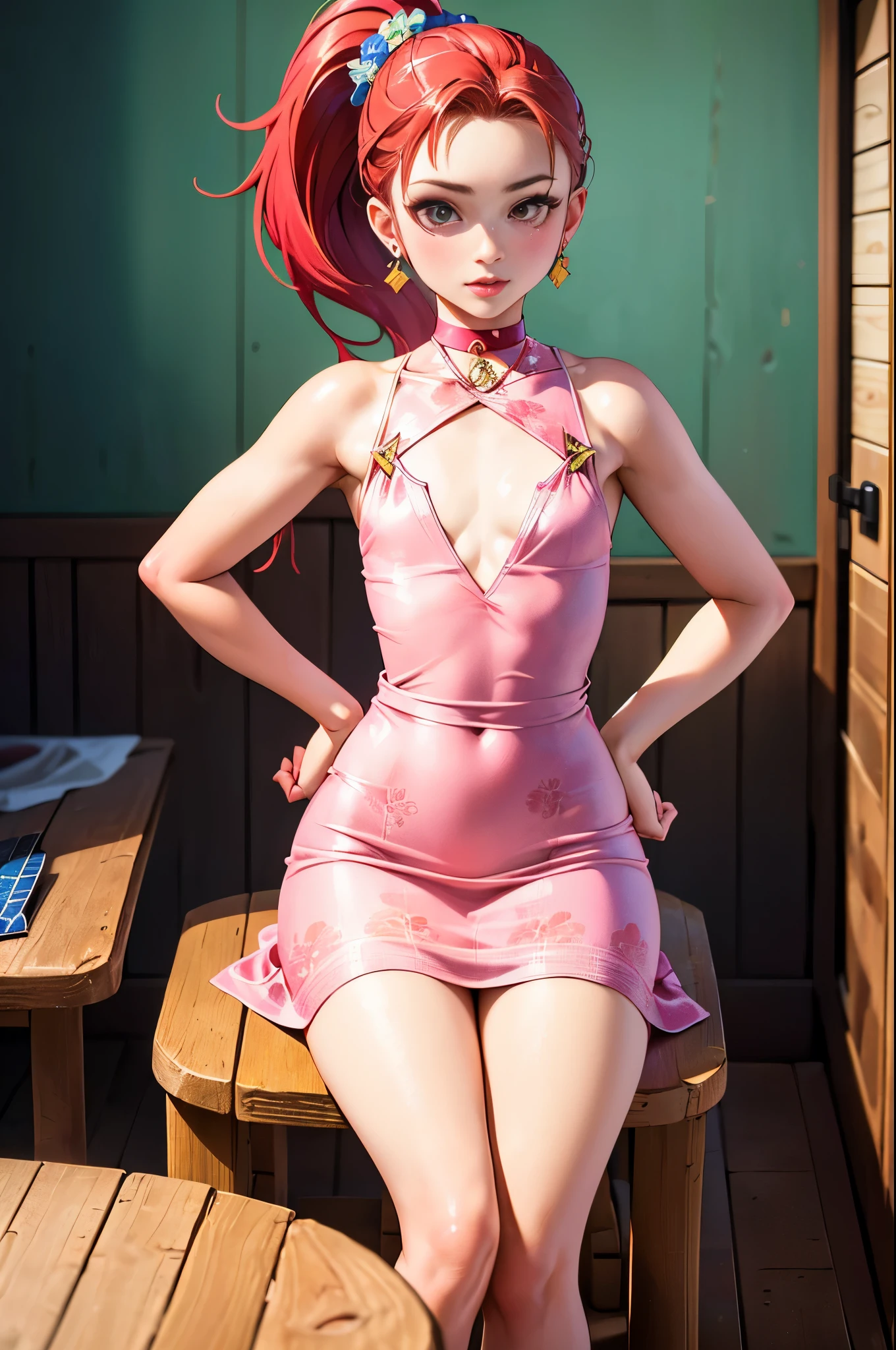 ((RAW Photo), Absurdities, (Absurd Resolution)), (Maximum Quality, 16k, Masterpiece, Ultra Detailed, Hyperrealism), Vintage, ((Beautiful girl, 21 years old, pin-up), ((Perfect figure, slender, well-formed body, hands on hips)), (straight red hair, bright highlights, ponytail), (made-up, floral choker), legs crossed with stockings, sitting at a table, ((patterned dress, mermelami pink, small chest)), jewelry, earrings, (background: cabin room), midday, volumetric lighting, (Photographic Perspective). «SunPuma S»