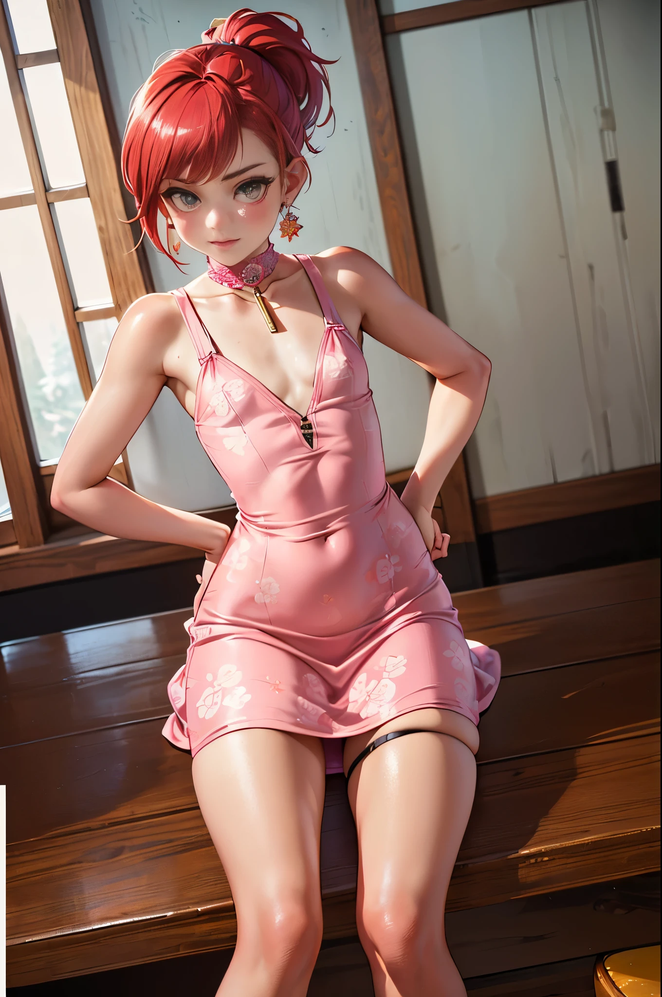 ((RAW Photo), Absurdities, (Absurd Resolution)), (Maximum Quality, 16k, Masterpiece, Ultra Detailed, Hyperrealism), Vintage, ((Beautiful girl, 21 years old, pin-up), ((Perfect figure, slender, well-formed body, hands on hips)), (straight red hair, bright highlights, ponytail), (made-up, floral choker), legs crossed with stockings, sitting at a table, ((patterned dress, mermelami pink, small chest)), jewelry, earrings, (background: cabin room), midday, volumetric lighting, (Photographic Perspective). «SunPuma S»