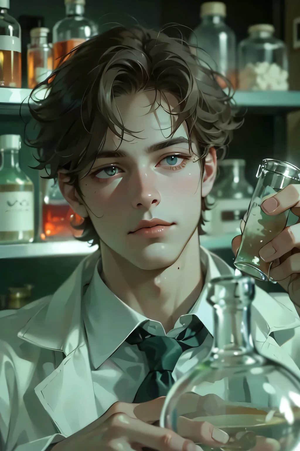 masterpiece high resolution excellent ultra realistic ultra photographic quality ultra detailed ultra photographic ultra photographic ultra photographic ultra photographic ultra graphic lighting gray green gray photographic lighting , a very detailed laboratory, Male gender; almond brown hair wavy short hair , eyes very detailed eyes , lab coat covers his body , traje elegante, behind the man a shelf with laboratory bottles full of bone marrow liquid , red liquid , bottles with fabrics , bottles with eyeballs , the man is cleaning his laboratory iron, perfect face very detailed face, well-defined eyes, Alone