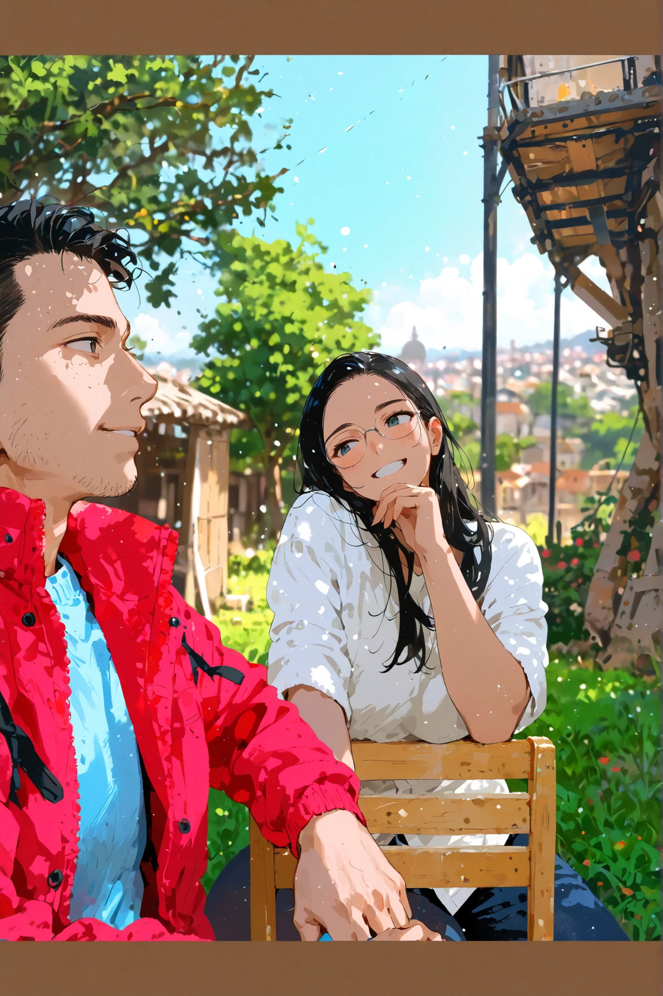 ,Masterpiece,the best quality,amazing quality,very aesthetic,extremely high resolution,newest, a man looking from the side; Young woman, 20 years, lentes,  beautiful smile, looking at the camera, seated, holding the man's hand. 