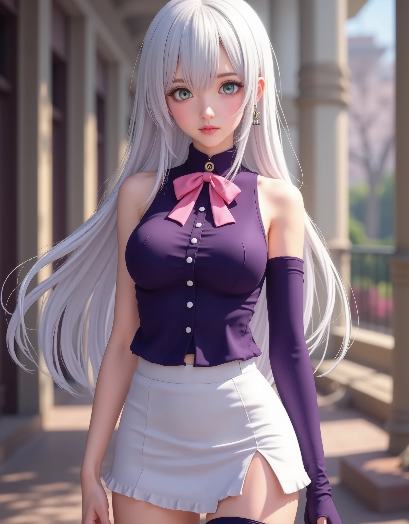 full-body portrait (hyperrealistic) by Elizabeth Liones Nanatsu no Taizai,(white hair),ultra-detailed eyes with ((heterochromia)) yellow gold and blue,emphasized bust,her outfit is a tight sleeveless dark purple shirt with its back exposed with white buttons,wears aa (pink bow tie),(perfect anatomy),He wears his ((bare shoulders)),su mano izquierda wears aa (tight purple sleeve) dark,that contrasts with her (naked right hand),she wears an asymmetric white miniskirt, revealing their legs, which are accented with a single black thigh-high stocking on his right leg,that contrast sharply with his bare left leg,wears a (white high-heeled shoe) on his right foot and a (black high-heeled shoe) on his left foot,(RAW photo),(photorealistic),(hyperrealistic),(Masterpiece),(high quality),(definition 8k ),(ultra detailed),(resolución absoluta),(exquisite details),(hdr), estilo hyperrealistic,iridescent effects,background with heavenly atmosphere,cinematographic lighting,dynamic contrast of light and shadow