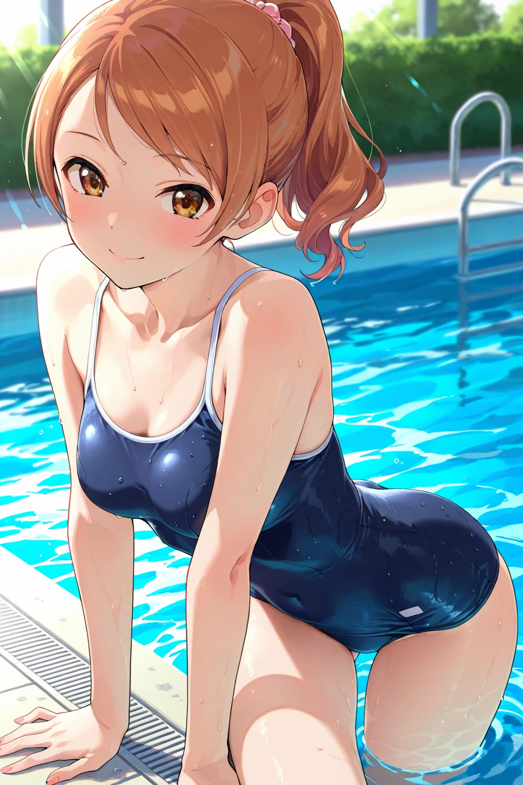score_9, score_8_up, score_7_up, BREAK source_anime, (rating_questionable:1.0), best quality, masterpiece, uncensored,best quality, amazing quality, very aesthetic, absurdres,
1girl standing,(school swimsuit:1.2),poolside,medium breasts,three-quarter portrait,rear view,(high-angle view:0.1),(blonde:1.0) long hair,red thin frame round glasses,red (tareme:1.4) eyes,blush,(closed mouth:0.5)
 <lora:school_swimsuit_TypeNew_XLPony_v10:1>