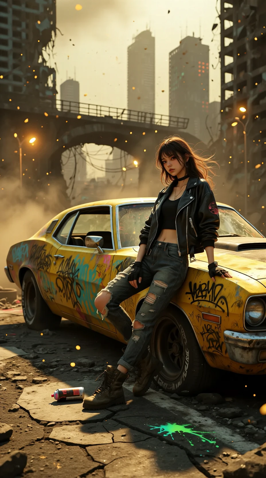 A woman standing on top of a car in a city at night - SeaArt AI