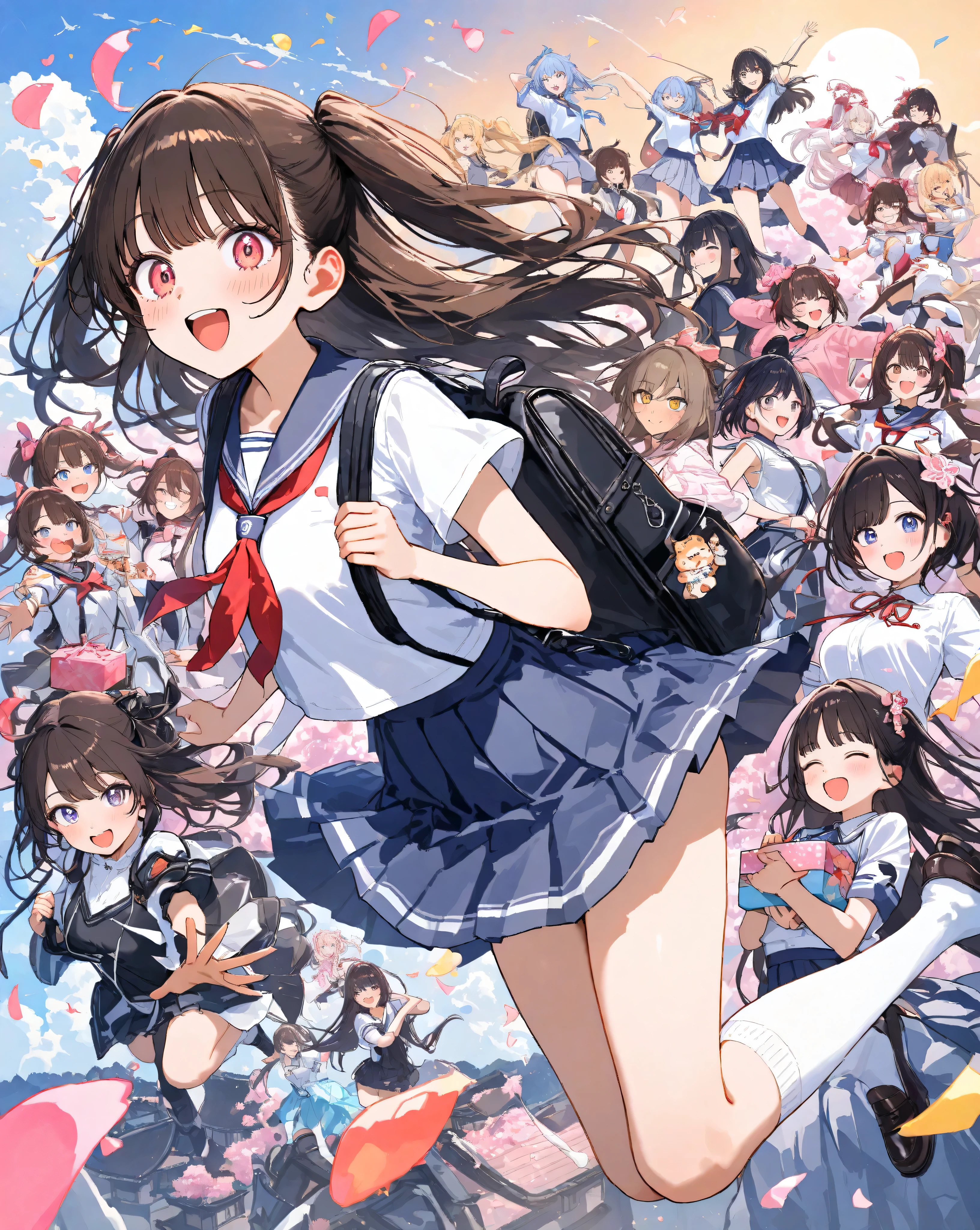 Bustling spring morning in a quaint Japanese suburban neighborhood, 16-year-old bubbly high school girl radiating infectious energy and youthful exuberance, her heart-shaped face glowing with a wide-open grin revealing perfect white teeth and subtle dimples, large sparkling doe eyes crinkled in delight under long fluttery lashes, rosy apple cheeks flushed from the crisp air, shoulder-length chestnut brown hair in playful twin ponytails bouncing rhythmically with pink scrunchies that catch the light, stray strands whipping across her forehead like excited flags; she's dressed in a impeccably crisp navy blue sailor fuku uniform—starched white collar with bold red neckerchief tied in a perfect bow that sways gently, short-sleeved blouse hugging her slender frame with subtle pleats at the shoulders, pleated navy skirt mid-thigh length billowing outward in a dynamic swirl revealing glimpses of white knee-high socks with tiny blue stripes, polished black loafers kicking up tiny dust motes from the gravel path; one hand pumps the air in an enthusiastic fist while the other grips the strap of her oversized tartan-patterned backpack stuffed with books and a bento box, straps digging slightly into her shoulder creating faint creases on her blouse fabric; she's mid-stride in a light jog, right leg extended forward with knee bent dynamically, left foot pushing off the ground creating a subtle motion blur on the hem of her skirt, capturing pure unbridled motion and freedom; surrounding her, a winding cobblestone path lined with ancient stone lanterns and overflowing cherry blossom trees in full pink riot—petals cascading like soft confetti in a gentle breeze, some clinging to her hair and uniform like ephemeral jewels, others swirling in eddies around her ankles; in the background, traditional tiled-roof houses with sliding shoji screens partially open revealing hints of tatami mats and hanging laundry, a distant school gate with torii arch under azure sky dotted with wispy cirr