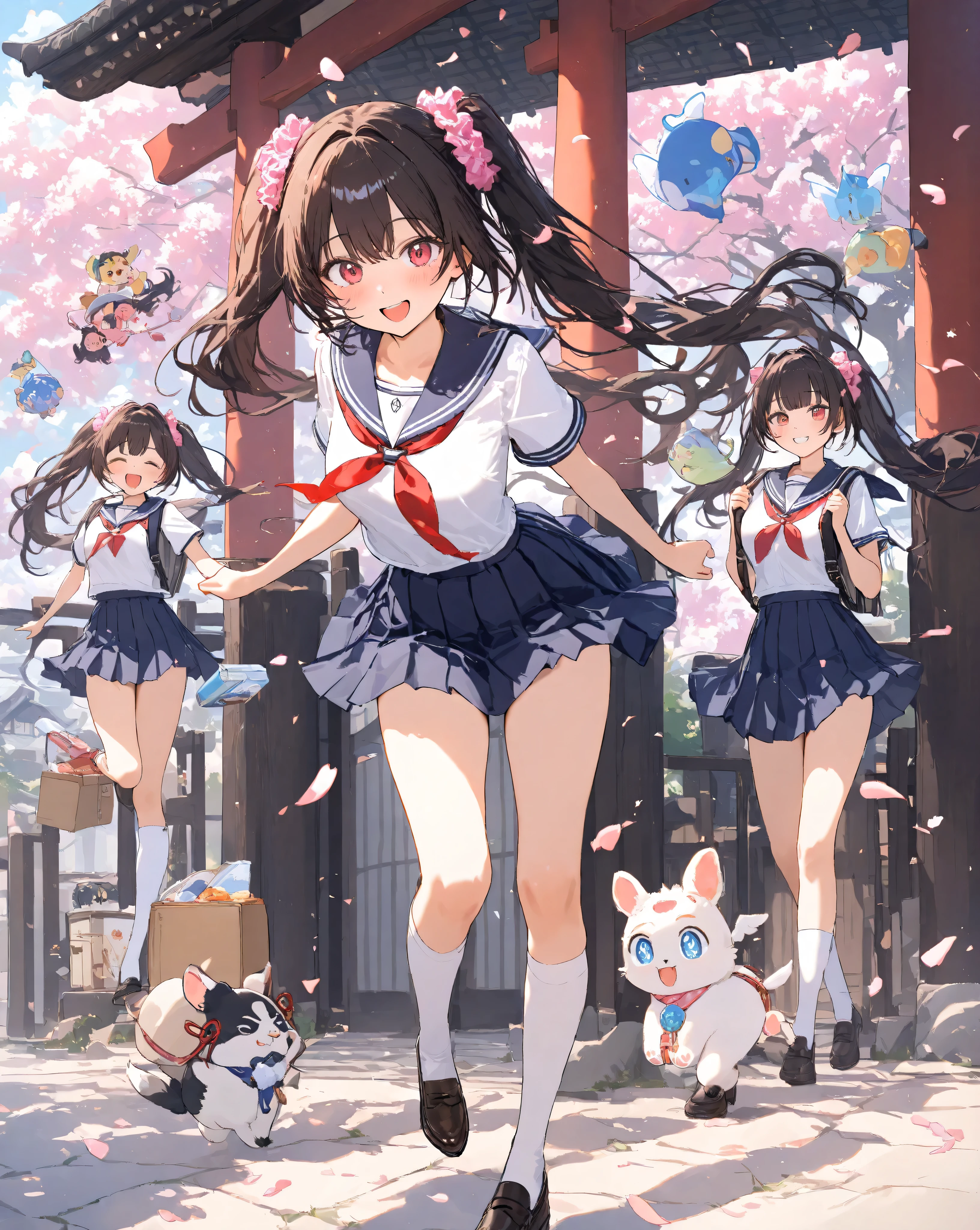 Bustling spring morning in a quaint Japanese suburban neighborhood, 16-year-old bubbly high school girl radiating infectious energy and youthful exuberance, her heart-shaped face glowing with a wide-open grin revealing perfect white teeth and subtle dimples, large sparkling doe eyes crinkled in delight under long fluttery lashes, rosy apple cheeks flushed from the crisp air, shoulder-length chestnut brown hair in playful twin ponytails bouncing rhythmically with pink scrunchies that catch the light, stray strands whipping across her forehead like excited flags; she's dressed in a impeccably crisp navy blue sailor fuku uniform—starched white collar with bold red neckerchief tied in a perfect bow that sways gently, short-sleeved blouse hugging her slender frame with subtle pleats at the shoulders, pleated navy skirt mid-thigh length billowing outward in a dynamic swirl revealing glimpses of white knee-high socks with tiny blue stripes, polished black loafers kicking up tiny dust motes from the gravel path; one hand pumps the air in an enthusiastic fist while the other grips the strap of her oversized tartan-patterned backpack stuffed with books and a bento box, straps digging slightly into her shoulder creating faint creases on her blouse fabric; she's mid-stride in a light jog, right leg extended forward with knee bent dynamically, left foot pushing off the ground creating a subtle motion blur on the hem of her skirt, capturing pure unbridled motion and freedom; surrounding her, a winding cobblestone path lined with ancient stone lanterns and overflowing cherry blossom trees in full pink riot—petals cascading like soft confetti in a gentle breeze, some clinging to her hair and uniform like ephemeral jewels, others swirling in eddies around her ankles; in the background, traditional tiled-roof houses with sliding shoji screens partially open revealing hints of tatami mats and hanging laundry, a distant school gate with torii arch under azure sky dotted with wispy cirr