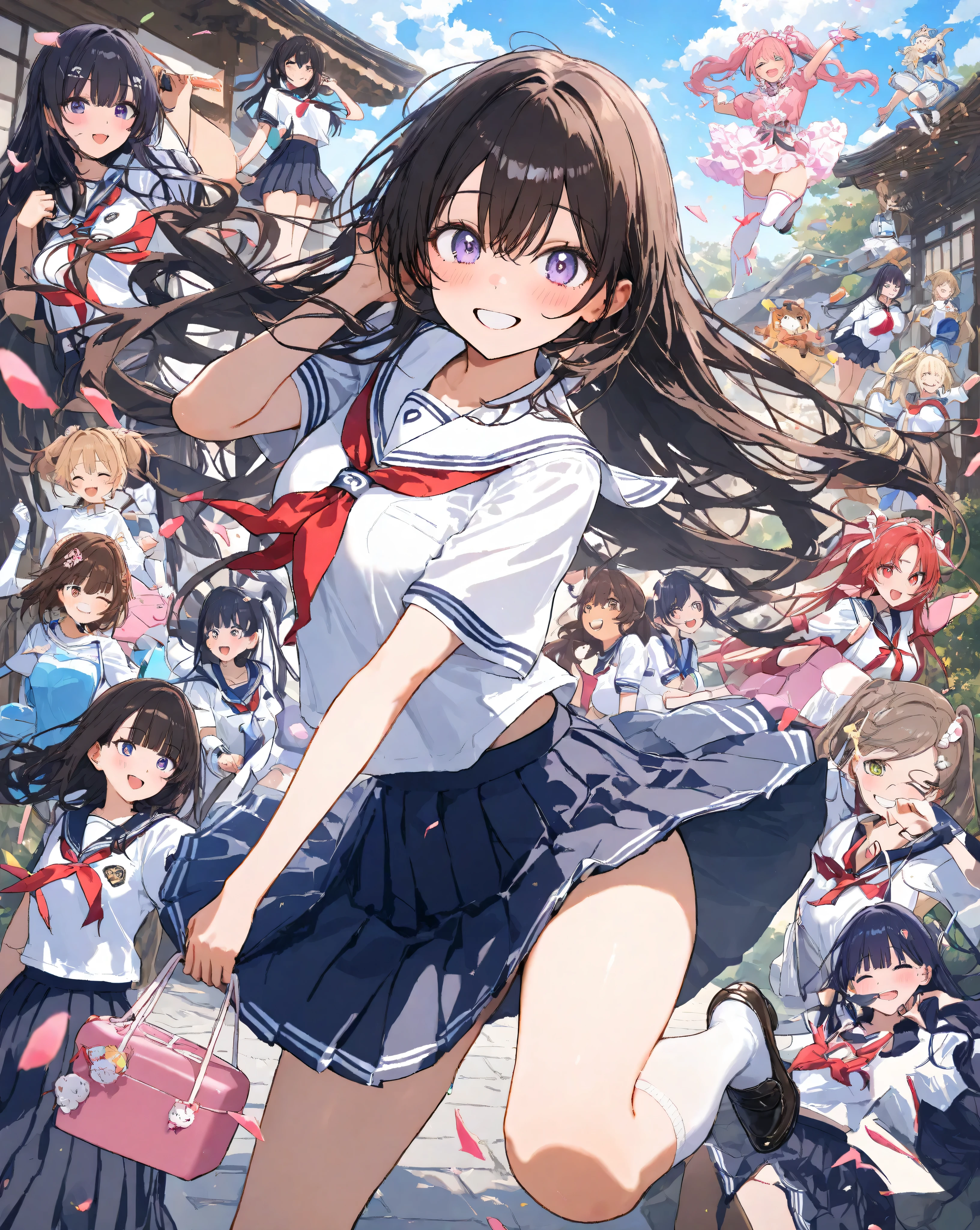 Bustling spring morning in a quaint Japanese suburban neighborhood, 16-year-old bubbly high school girl radiating infectious energy and youthful exuberance, her heart-shaped face glowing with a wide-open grin revealing perfect white teeth and subtle dimples, large sparkling doe eyes crinkled in delight under long fluttery lashes, rosy apple cheeks flushed from the crisp air, shoulder-length chestnut brown hair in playful twin ponytails bouncing rhythmically with pink scrunchies that catch the light, stray strands whipping across her forehead like excited flags; she's dressed in a impeccably crisp navy blue sailor fuku uniform—starched white collar with bold red neckerchief tied in a perfect bow that sways gently, short-sleeved blouse hugging her slender frame with subtle pleats at the shoulders, pleated navy skirt mid-thigh length billowing outward in a dynamic swirl revealing glimpses of white knee-high socks with tiny blue stripes, polished black loafers kicking up tiny dust motes from the gravel path; one hand pumps the air in an enthusiastic fist while the other grips the strap of her oversized tartan-patterned backpack stuffed with books and a bento box, straps digging slightly into her shoulder creating faint creases on her blouse fabric; she's mid-stride in a light jog, right leg extended forward with knee bent dynamically, left foot pushing off the ground creating a subtle motion blur on the hem of her skirt, capturing pure unbridled motion and freedom; surrounding her, a winding cobblestone path lined with ancient stone lanterns and overflowing cherry blossom trees in full pink riot—petals cascading like soft confetti in a gentle breeze, some clinging to her hair and uniform like ephemeral jewels, others swirling in eddies around her ankles; in the background, traditional tiled-roof houses with sliding shoji screens partially open revealing hints of tatami mats and hanging laundry, a distant school gate with torii arch under azure sky dotted with wispy cirr