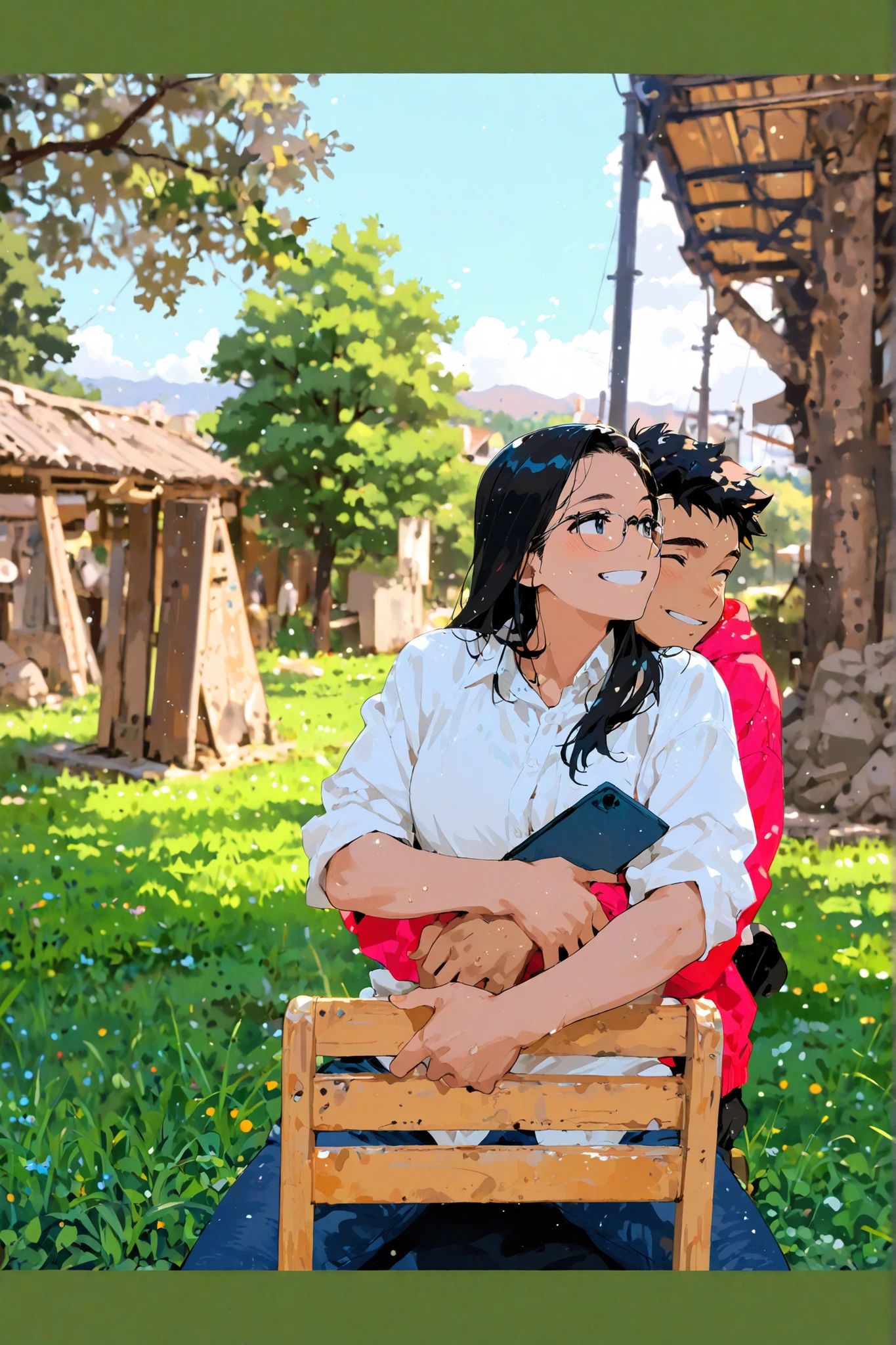 ,Masterpiece,the best quality,amazing quality,very aesthetic,extremely high resolution,newest, a man looking from the side; Young woman, 20 years; hugged, Man hugging from behind, lentes, beautiful smile, looking at the camera, seated, holding the man's hand.