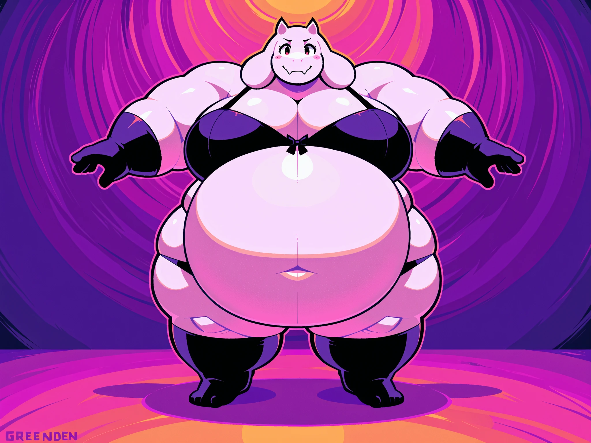 Toriel from Undertale, by greenendorf, alone, female, extra big belly, extra big breasts, huge muscular, black bra, black underwear, black socks, black short gloves, big tits, fat body, sexy pose, full body, nsfw