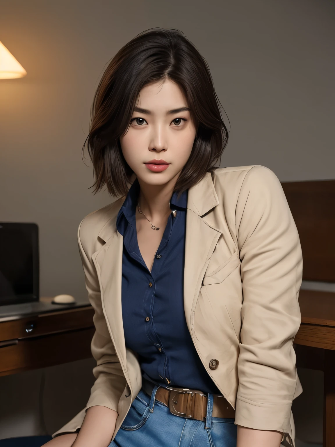 Makimura Kaori,1girl,solo,skirt,brown hair,short hair,handgun,holding gun,retro artstyle,denim,pencil skirt,miniskirt,denim skirt,jacket,sleeves rolled up,shirt,brown eyes,traditional media, extremely detailed eye and face, Sexy Body, (A little slimmer body:1.1), blazer uniform、miniskirt、 fantastic world、uncorrected、During school business、Study while sitting at a desk chair、Captivating Body, (well-proportioned face, Perfect Face), Highlights in the eyes, Purple-black eyes, cleavage, Slightly thick thighs, Beautiful thighs, Sexy Butt, Exposed thighs, soft smiling, white skin, natural skin texture, Very perfect and beautiful face, depth of written boundary, awesome solo, Realistic texture, Realistic Skin, Whole body, Highly detailed CG, Super detailed, extremely detailed beautiful face, Extremely finely detailed, (night city, illuminations, night sky), atmospheric lighting, Captivating lighting, Beautiful collarbone, perfect style body, Perfect slim body, Sharp Face, long legs, skyscrapers, Accurate Fingers, HDR, (detailed beautiful eyes:1.1), High-definition RAW photos, (Hmedium breasts), (cool beauty), Urban, Fascinating, lush colors, show vagina, vagina gape, squirt vagina hairly, show nipples in medium breasts, exposure +1.5