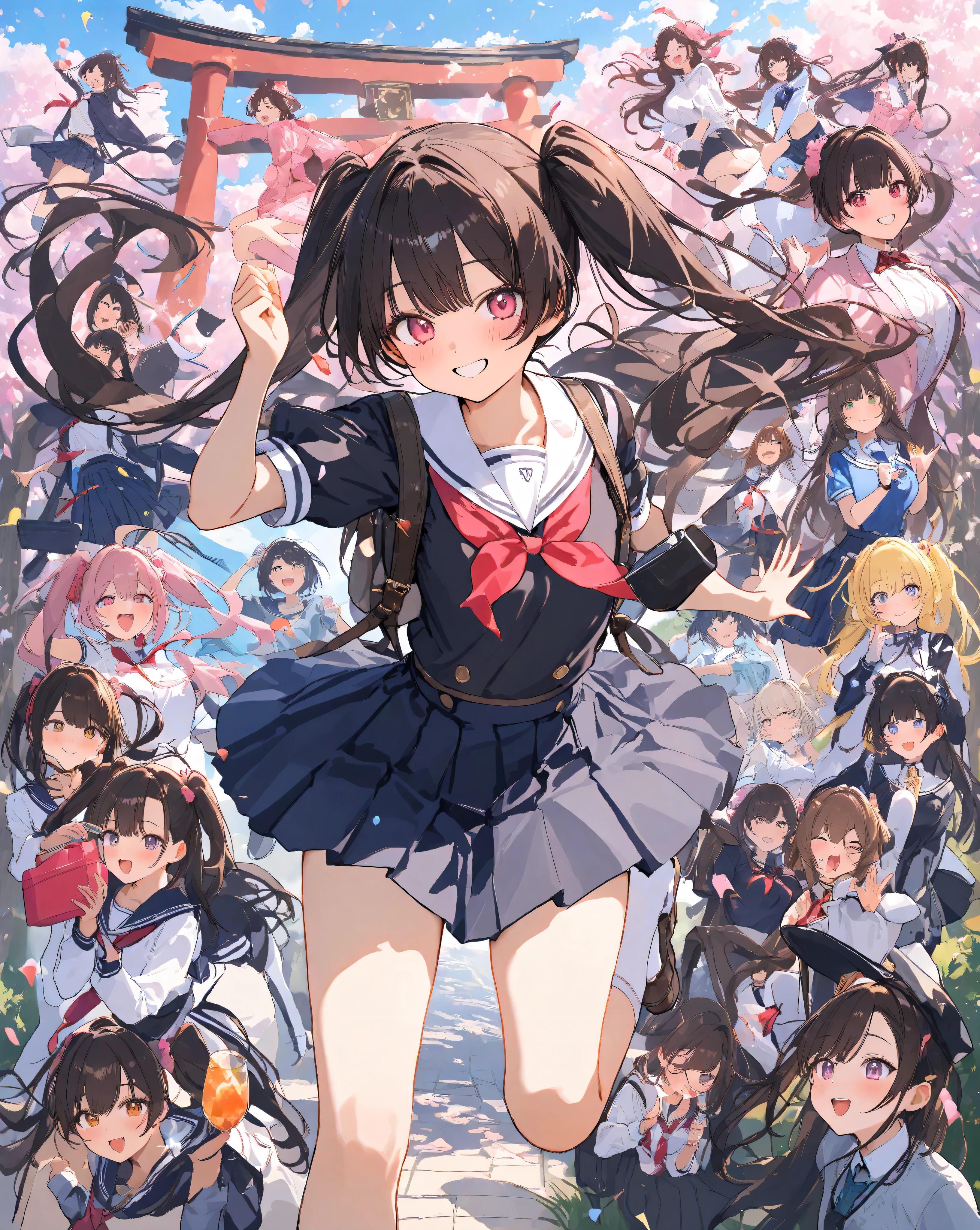 Bustling spring morning in a quaint Japanese suburban neighborhood, 16-year-old bubbly high school girl radiating infectious energy and youthful exuberance, her heart-shaped face glowing with a wide-open grin revealing perfect white teeth and subtle dimples, large sparkling doe eyes crinkled in delight under long fluttery lashes, rosy apple cheeks flushed from the crisp air, shoulder-length chestnut brown hair in playful twin ponytails bouncing rhythmically with pink scrunchies that catch the light, stray strands whipping across her forehead like excited flags; she's dressed in a impeccably crisp navy blue sailor fuku uniform—starched white collar with bold red neckerchief tied in a perfect bow that sways gently, short-sleeved blouse hugging her slender frame with subtle pleats at the shoulders, pleated navy skirt mid-thigh length billowing outward in a dynamic swirl revealing glimpses of white knee-high socks with tiny blue stripes, polished black loafers kicking up tiny dust motes from the gravel path; one hand pumps the air in an enthusiastic fist while the other grips the strap of her oversized tartan-patterned backpack stuffed with books and a bento box, straps digging slightly into her shoulder creating faint creases on her blouse fabric; she's mid-stride in a light jog, right leg extended forward with knee bent dynamically, left foot pushing off the ground creating a subtle motion blur on the hem of her skirt, capturing pure unbridled motion and freedom; surrounding her, a winding cobblestone path lined with ancient stone lanterns and overflowing cherry blossom trees in full pink riot—petals cascading like soft confetti in a gentle breeze, some clinging to her hair and uniform like ephemeral jewels, others swirling in eddies around her ankles; in the background, traditional tiled-roof houses with sliding shoji screens partially open revealing hints of tatami mats and hanging laundry, a distant school gate with torii arch under azure sky dotted with wispy cirr