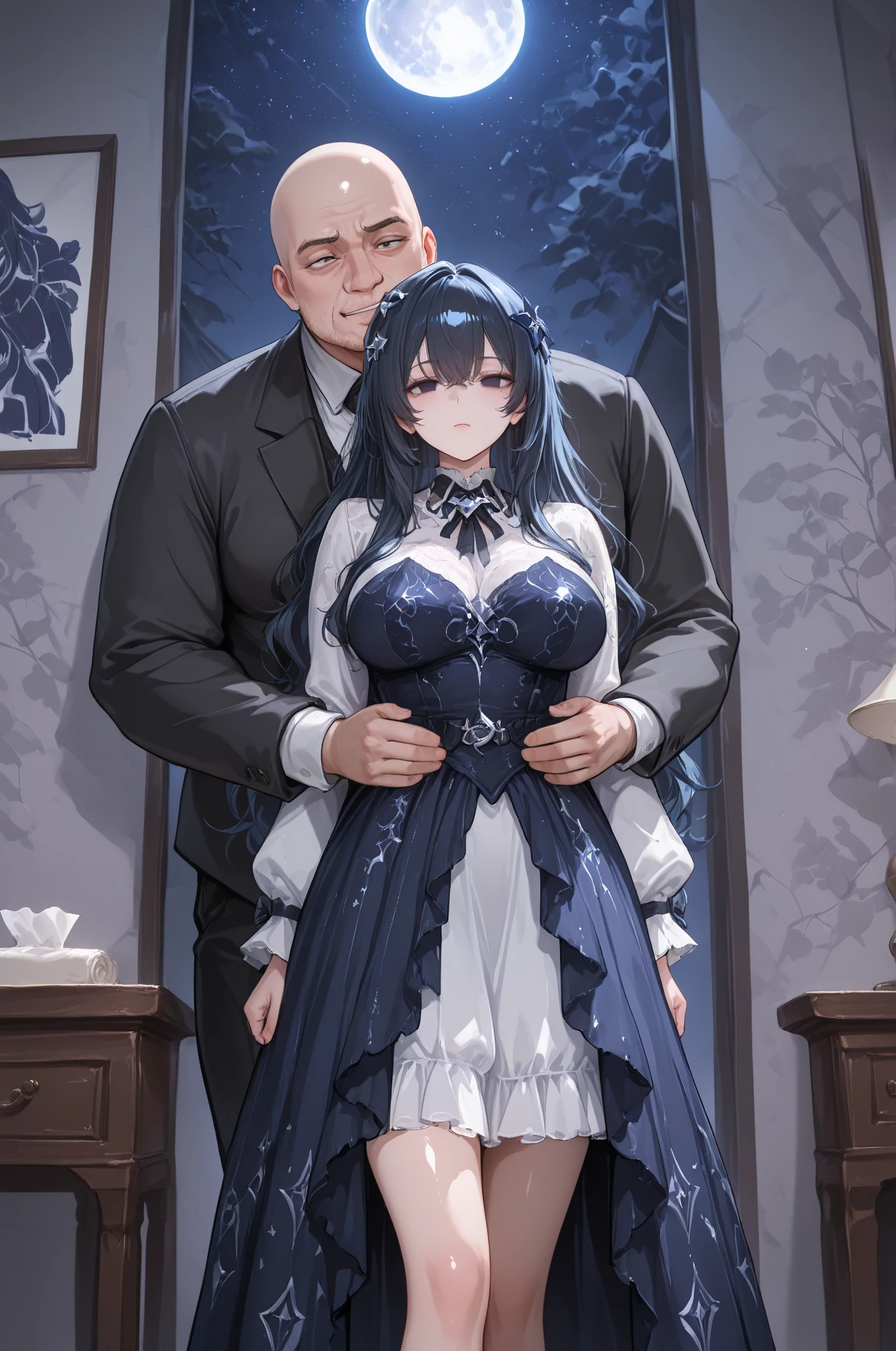 、A man and a woman  on a bed、A man inserting his  into a woman、 is spilling from her crotch、 dress、garter belt、I can see your chest、Silver hair and blue eyes、Long, fluffy wavy hair、Braiding、Men in suits、On a canopy bed