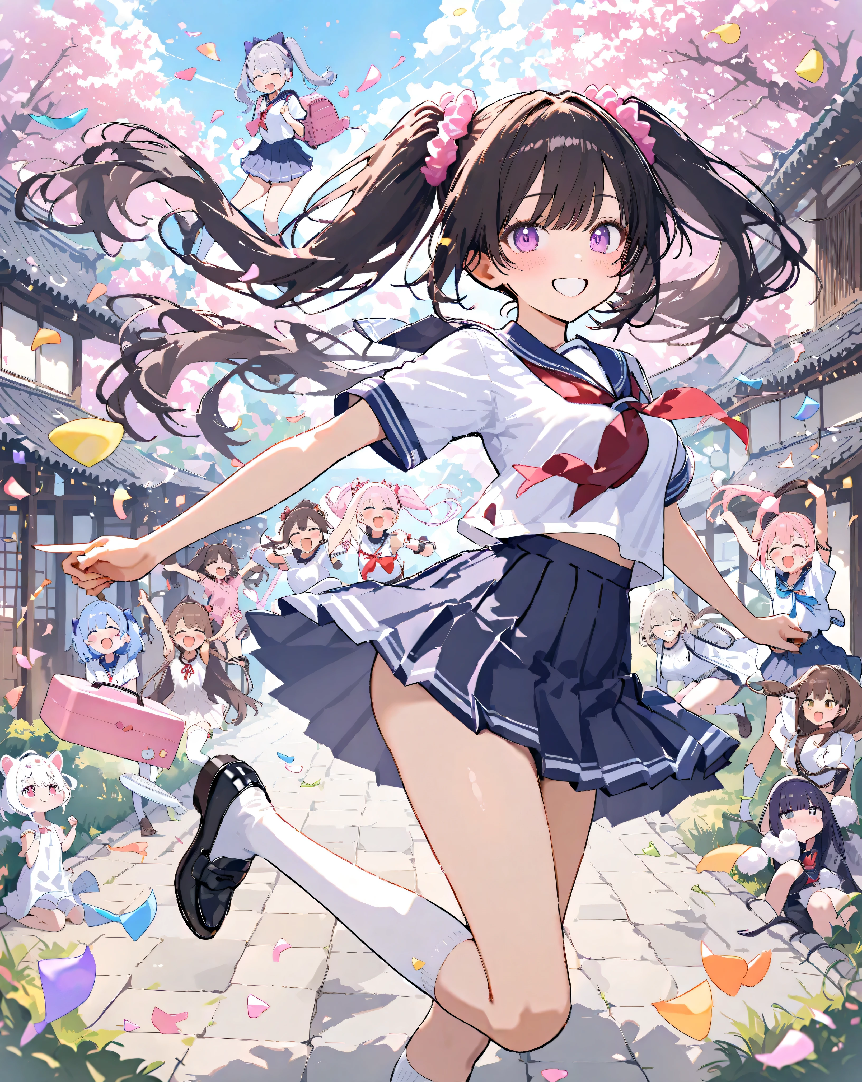 Bustling spring morning in a quaint Japanese suburban neighborhood, 16-year-old bubbly high school girl radiating infectious energy and youthful exuberance, her heart-shaped face glowing with a wide-open grin revealing perfect white teeth and subtle dimples, large sparkling doe eyes crinkled in delight under long fluttery lashes, rosy apple cheeks flushed from the crisp air, shoulder-length chestnut brown hair in playful twin ponytails bouncing rhythmically with pink scrunchies that catch the light, stray strands whipping across her forehead like excited flags; she's dressed in a impeccably crisp navy blue sailor fuku uniform—starched white collar with bold red neckerchief tied in a perfect bow that sways gently, short-sleeved blouse hugging her slender frame with subtle pleats at the shoulders, pleated navy skirt mid-thigh length billowing outward in a dynamic swirl revealing glimpses of white knee-high socks with tiny blue stripes, polished black loafers kicking up tiny dust motes from the gravel path; one hand pumps the air in an enthusiastic fist while the other grips the strap of her oversized tartan-patterned backpack stuffed with books and a bento box, straps digging slightly into her shoulder creating faint creases on her blouse fabric; she's mid-stride in a light jog, right leg extended forward with knee bent dynamically, left foot pushing off the ground creating a subtle motion blur on the hem of her skirt, capturing pure unbridled motion and freedom; surrounding her, a winding cobblestone path lined with ancient stone lanterns and overflowing cherry blossom trees in full pink riot—petals cascading like soft confetti in a gentle breeze, some clinging to her hair and uniform like ephemeral jewels, others swirling in eddies around her ankles; in the background, traditional tiled-roof houses with sliding shoji screens partially open revealing hints of tatami mats and hanging laundry, a distant school gate with torii arch under azure sky dotted with wispy cirr