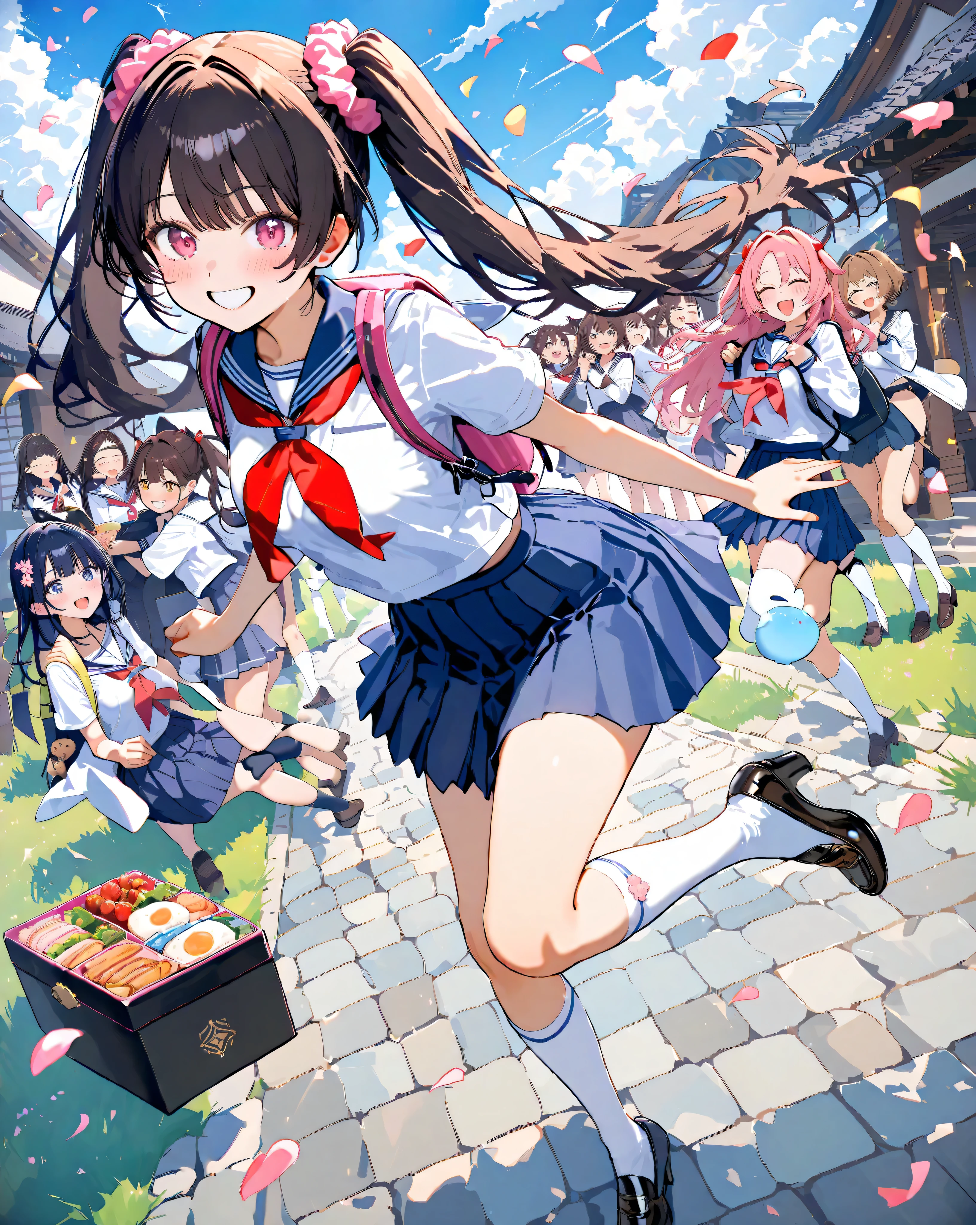 Bustling spring morning in a quaint Japanese suburban neighborhood, 16-year-old bubbly high school girl radiating infectious energy and youthful exuberance, her heart-shaped face glowing with a wide-open grin revealing perfect white teeth and subtle dimples, large sparkling doe eyes crinkled in delight under long fluttery lashes, rosy apple cheeks flushed from the crisp air, shoulder-length chestnut brown hair in playful twin ponytails bouncing rhythmically with pink scrunchies that catch the light, stray strands whipping across her forehead like excited flags; she's dressed in a impeccably crisp navy blue sailor fuku uniform—starched white collar with bold red neckerchief tied in a perfect bow that sways gently, short-sleeved blouse hugging her slender frame with subtle pleats at the shoulders, pleated navy skirt mid-thigh length billowing outward in a dynamic swirl revealing glimpses of white knee-high socks with tiny blue stripes, polished black loafers kicking up tiny dust motes from the gravel path; one hand pumps the air in an enthusiastic fist while the other grips the strap of her oversized tartan-patterned backpack stuffed with books and a bento box, straps digging slightly into her shoulder creating faint creases on her blouse fabric; she's mid-stride in a light jog, right leg extended forward with knee bent dynamically, left foot pushing off the ground creating a subtle motion blur on the hem of her skirt, capturing pure unbridled motion and freedom; surrounding her, a winding cobblestone path lined with ancient stone lanterns and overflowing cherry blossom trees in full pink riot—petals cascading like soft confetti in a gentle breeze, some clinging to her hair and uniform like ephemeral jewels, others swirling in eddies around her ankles; in the background, traditional tiled-roof houses with sliding shoji screens partially open revealing hints of tatami mats and hanging laundry, a distant school gate with torii arch under azure sky dotted with wispy cirr