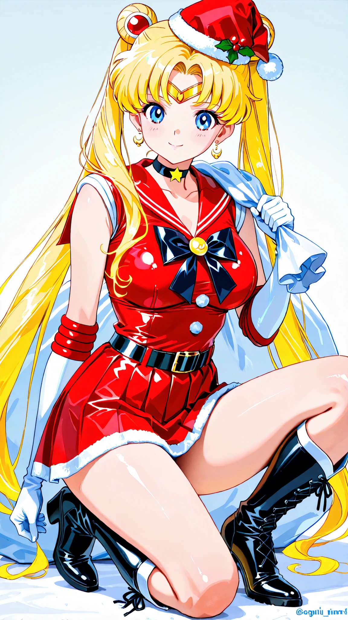 A girl, sailor moon, blue eyes yellow hair a congo on each side and posing crouched in a Santa Claus costume, smiling flirty . She wears a short red top with and white leather trims, , a matching red miniskirt with a black belt and white leather trim, and black high-heeled boots with a black bottom