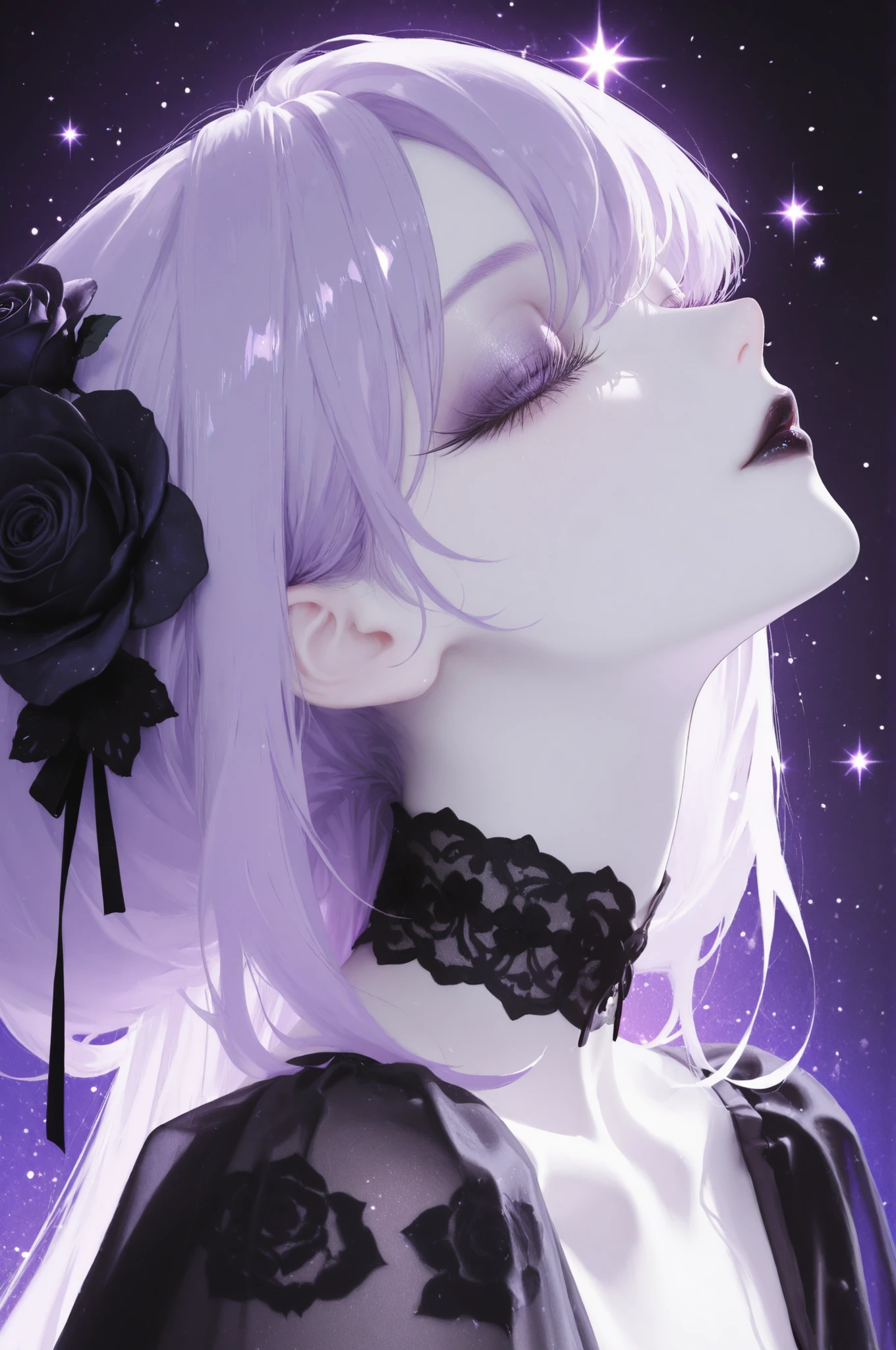 (woman:1.2), (pale skin:1.3), (long light-purple hair:1.2), closed eyes, black lipstick, wearing a black choker, intricate black lace dressy black roses, dreamy expression, looking upwards, soft lighting, anime style, digital art, sharp focus, (intricate details:1.2), (detailed eyelashes:1.3), glowing stars in the background, elegant aesthetic, soft color palette of purple and black, quality, 8k resolution, (atmospheric lighting:1.1).