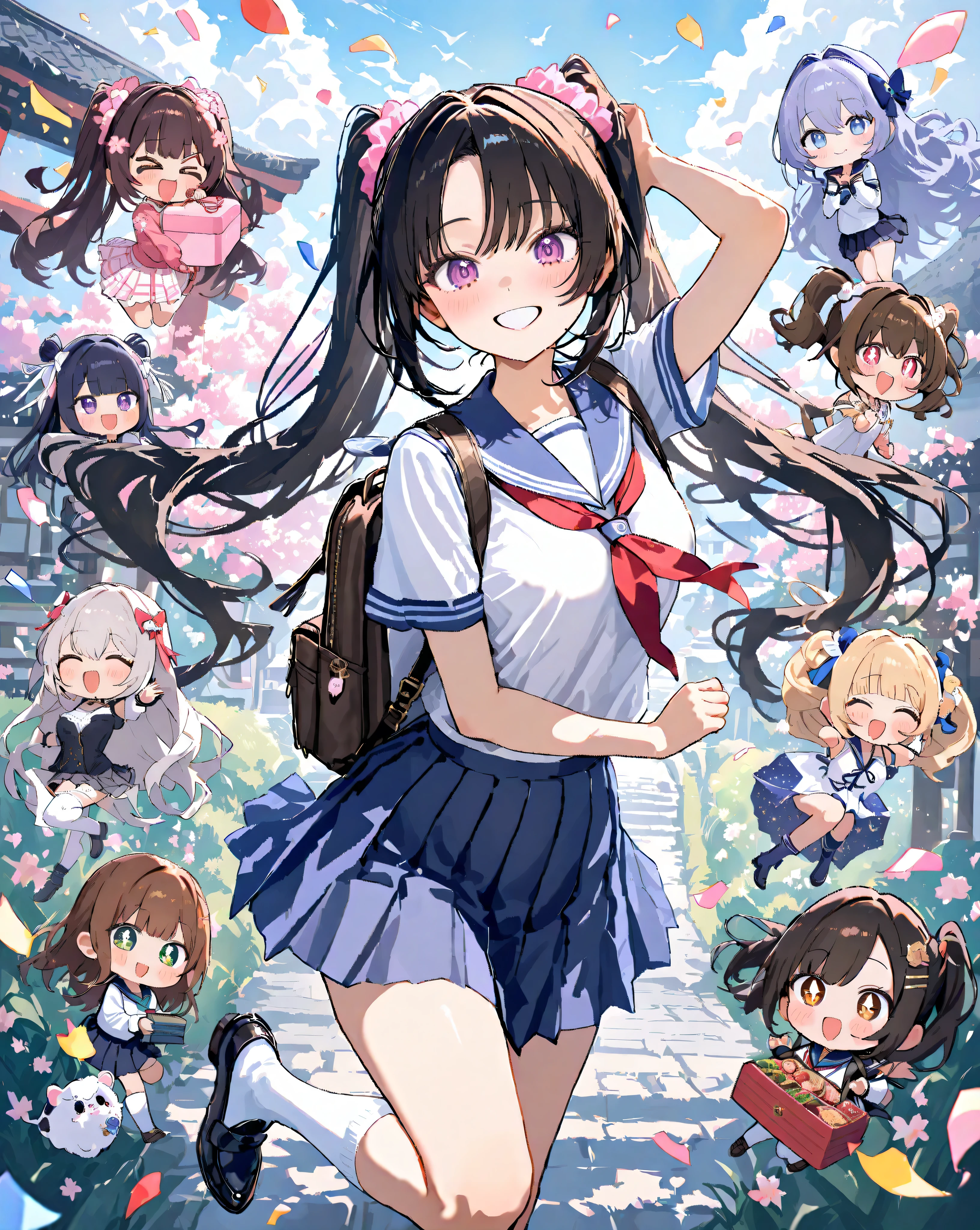 Bustling spring morning in a quaint Japanese suburban neighborhood, 16-year-old bubbly high school girl radiating infectious energy and youthful exuberance, her heart-shaped face glowing with a wide-open grin revealing perfect white teeth and subtle dimples, large sparkling doe eyes crinkled in delight under long fluttery lashes, rosy apple cheeks flushed from the crisp air, shoulder-length chestnut brown hair in playful twin ponytails bouncing rhythmically with pink scrunchies that catch the light, stray strands whipping across her forehead like excited flags; she's dressed in a impeccably crisp navy blue sailor fuku uniform—starched white collar with bold red neckerchief tied in a perfect bow that sways gently, short-sleeved blouse hugging her slender frame with subtle pleats at the shoulders, pleated navy skirt mid-thigh length billowing outward in a dynamic swirl revealing glimpses of white knee-high socks with tiny blue stripes, polished black loafers kicking up tiny dust motes from the gravel path; one hand pumps the air in an enthusiastic fist while the other grips the strap of her oversized tartan-patterned backpack stuffed with books and a bento box, straps digging slightly into her shoulder creating faint creases on her blouse fabric; she's mid-stride in a light jog, right leg extended forward with knee bent dynamically, left foot pushing off the ground creating a subtle motion blur on the hem of her skirt, capturing pure unbridled motion and freedom; surrounding her, a winding cobblestone path lined with ancient stone lanterns and overflowing cherry blossom trees in full pink riot—petals cascading like soft confetti in a gentle breeze, some clinging to her hair and uniform like ephemeral jewels, others swirling in eddies around her ankles; in the background, traditional tiled-roof houses with sliding shoji screens partially open revealing hints of tatami mats and hanging laundry, a distant school gate with torii arch under azure sky dotted with wispy cirr