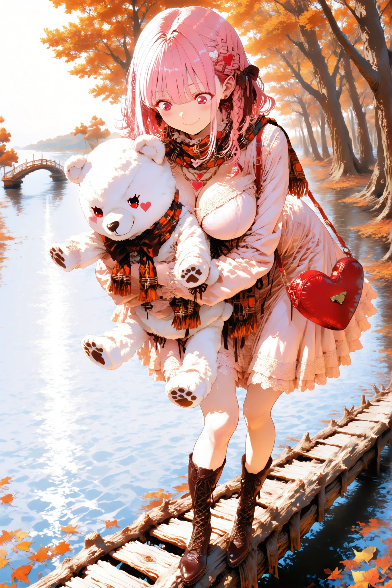 high definition, Highest Quality, artistic, pink haired girl, braided hairstyle, side braids, ribbon hair ornament, cute hairpin, a finely drawn face, expressive eyes, Glossy Hair, Delicate Necklace, small earrings, natural smile, cute expression, Bright Atmosphere, moderate breast size, velvet dress with lace and frills, ribbon-embellished leather boots, plaid scarf, Heart-shaped bag, holding a white plush toy, Fluffy to the touch, Bear and ribbon, Panic, looking down, about to lose balance, Walking on a log bridge, lean forward, Wave your arms, motion blur effect, legs raised, tree trunk bridge over the lake, fall foliage, Kyoto animation style, Masakazu style heroine design, Yoshizuki Iori Style