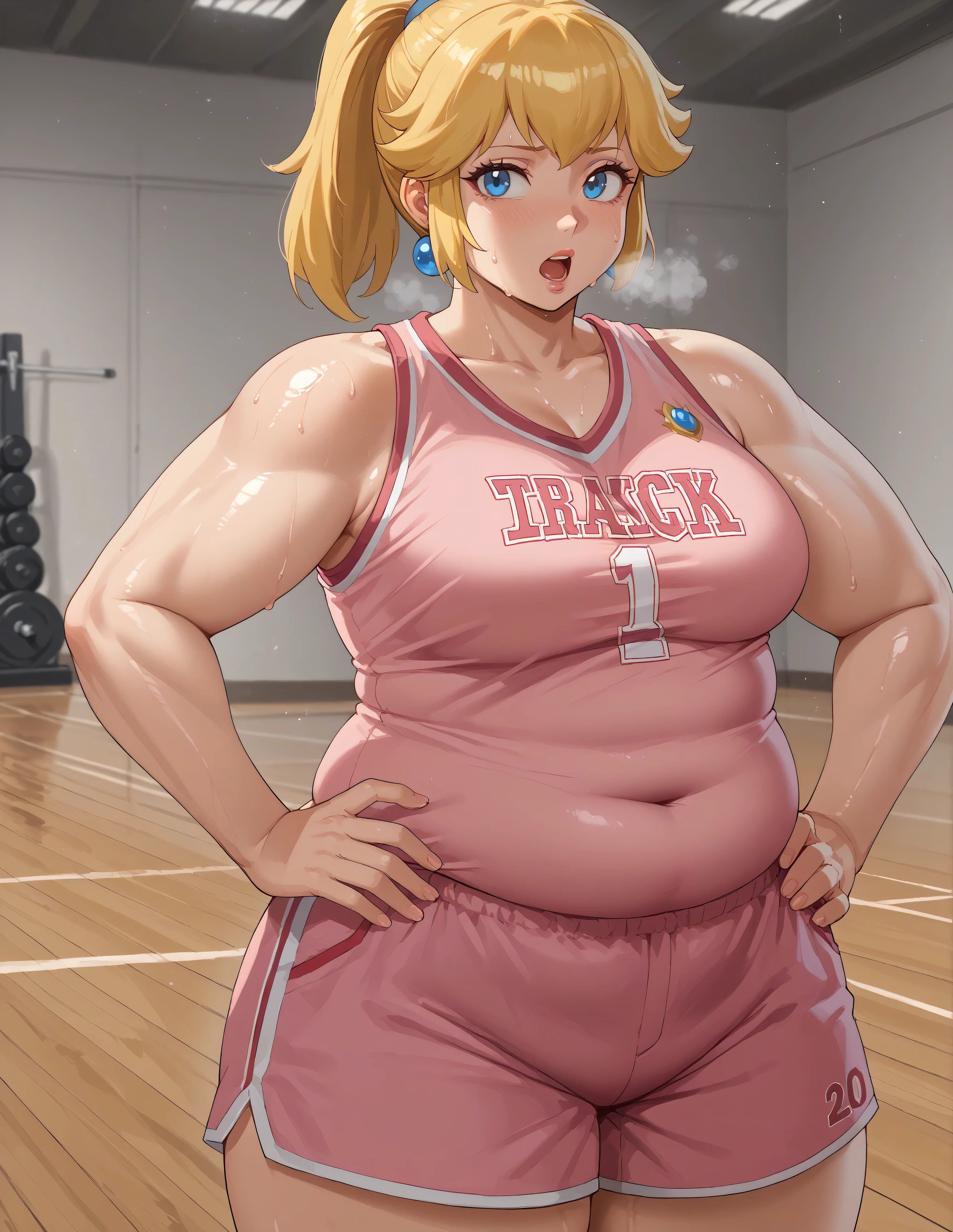 score_9, score_8_up, score_7_up, BREAK, 1girl, solo, princess peach, 1girl, solo, , blonde hair, ponytail, jewelry, makeup, casual, cowboy shot, blue eyes, looking at the viewer, large breasts, hand on hips, pink tanktop, sweaty, pink shorts, sweating profusely, open mouth, exhausted, heavy breathing, puddle of sweat on the ground, steam coming out her mouth, gym, indoors, she wears pink shoes,medium breasts,, basketball uniform, jersery, sportswear, jersey, shorts, sleeveless,, audience, gym, sweat, open mouth, steam, sweat, looking at viewer, open mouth,, cowboy shot, half shut eyes, obese, chubby, thick thighs, chubby cheeks, big arms, (((Shiny Skin)))