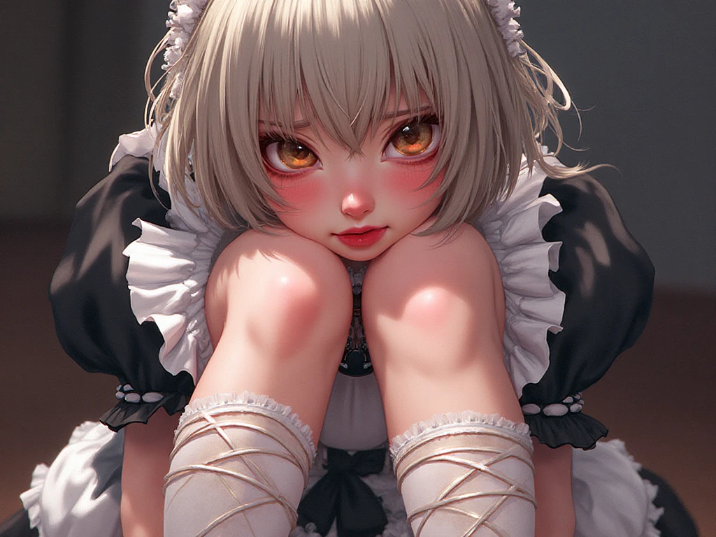 8-year-old girl,sexy lingerie,Be bound,Black handcuffs,pain,open mouth,blindfold,tears,atmospheric lighting